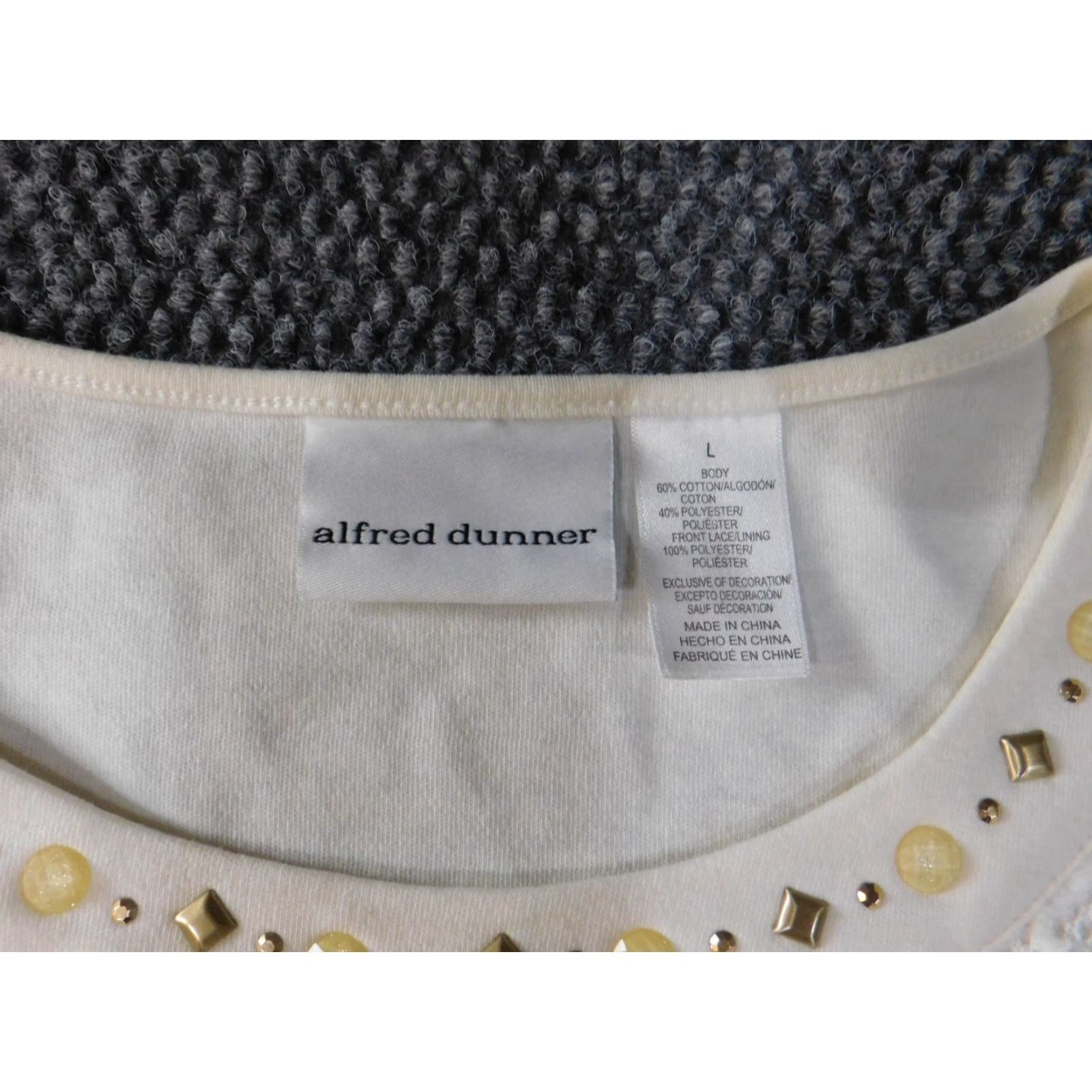 Vintage Alfred Dunner Blouse Casual L Womens Beige Floral Lace Stretch Round Neck Pullover Cotton Polyester Size L / US 10 / IT 46 - 6 Thumbnail