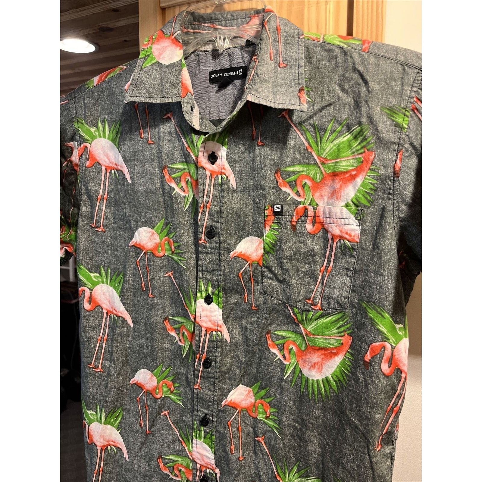 Ocean Current Ocean Current Men’s S Gray Flamingo SS Cotton Hawaiian Shirt Size US S / EU 44-46 / 1 - 9 Thumbnail