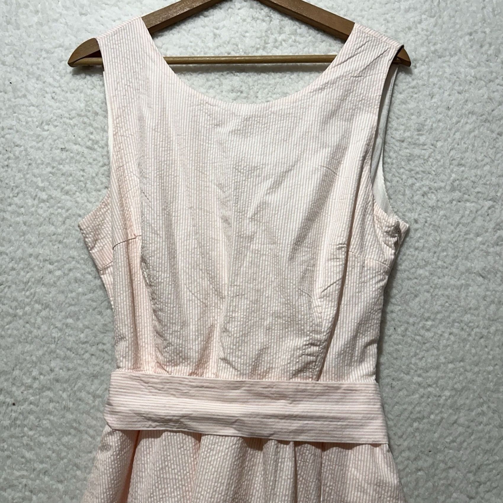 Vintage Hope & Henry Organic Cotton Seersucker Belted Dress Womens Sleeveless Pockets 14 Size XL / US 12-14 / IT 48-50 - 4 Thumbnail