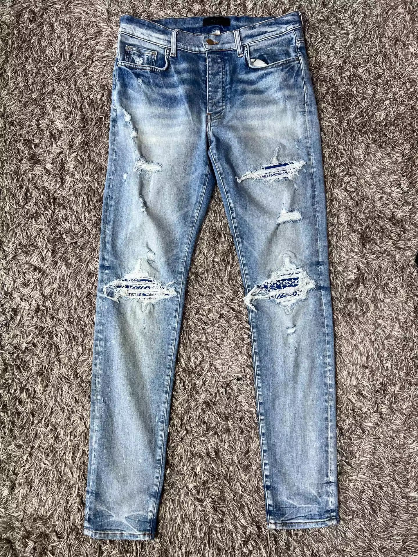 image of Amiri Blue Cashew Flower Knife Cut Ripped Jeans, Men's (Size 34)