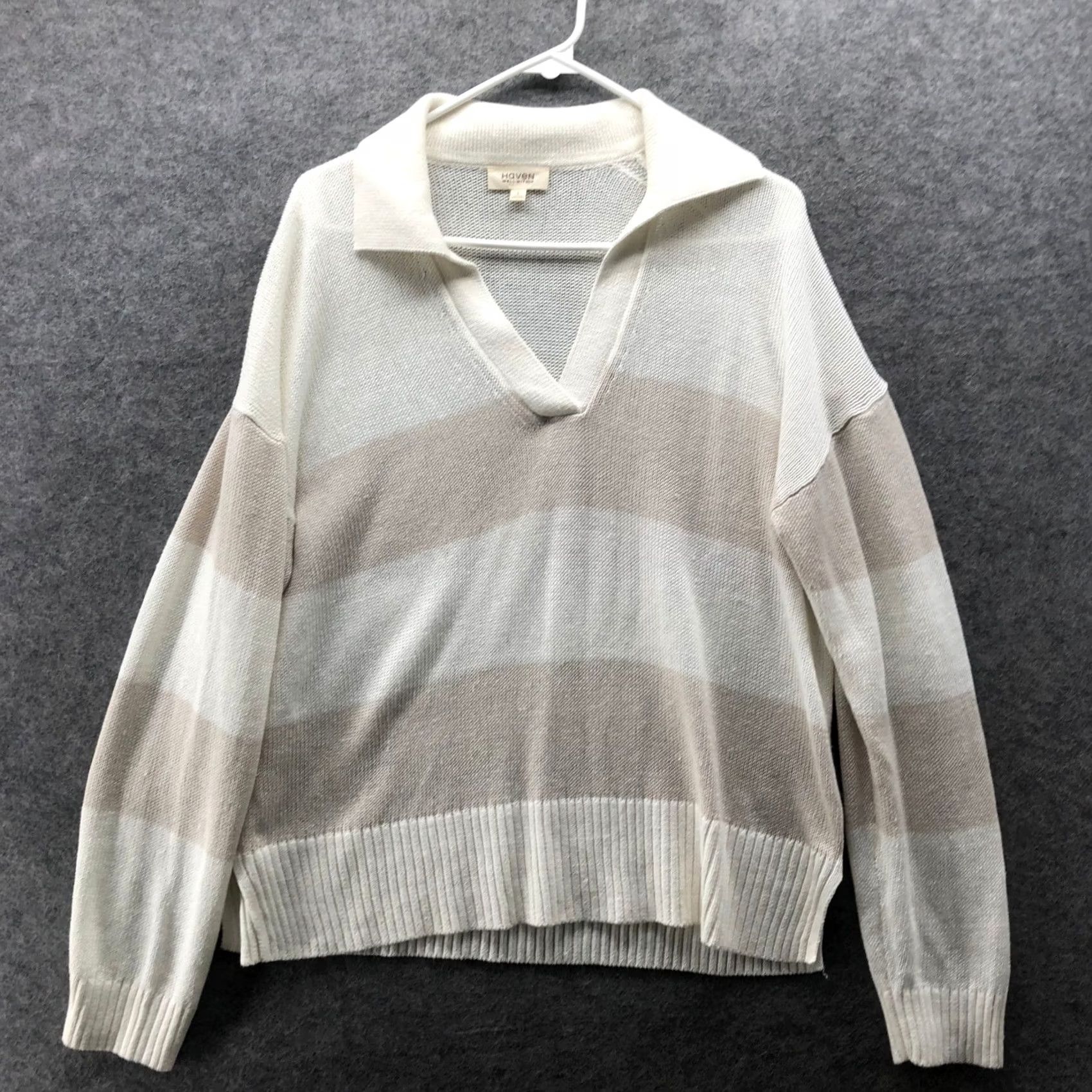 Vintage Haven Well Within Organic Cotton Linen Polo Sweater Womens L Ivory Tan Collared Shirt Size L / US 10 / IT 46 - 2 Thumbnail