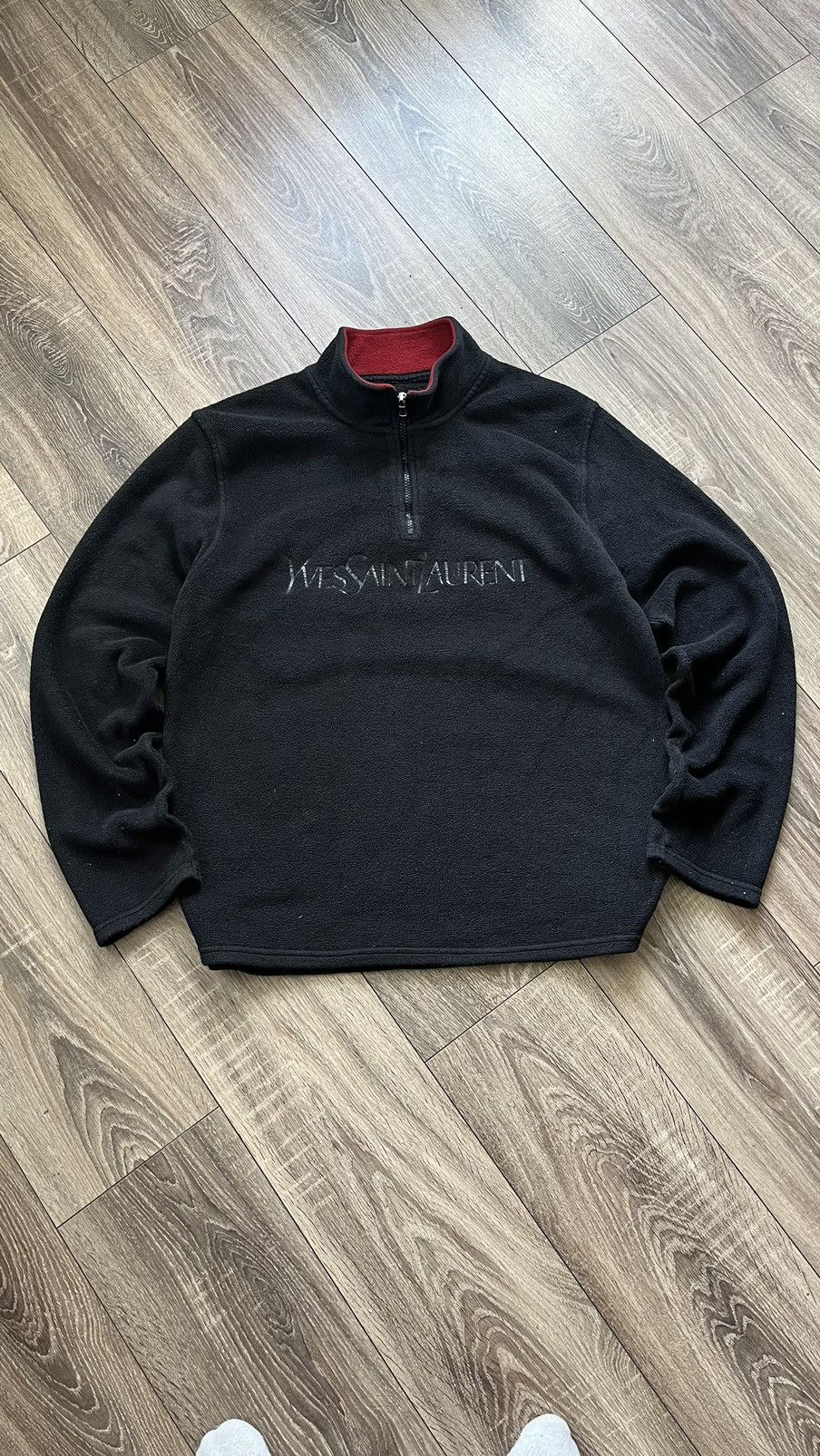 image of Saint Laurent Paris x YSL Pour Homme YSL Vintage 1/3 Zip Big Logo Fleece Sweatshirt in Black (Size 