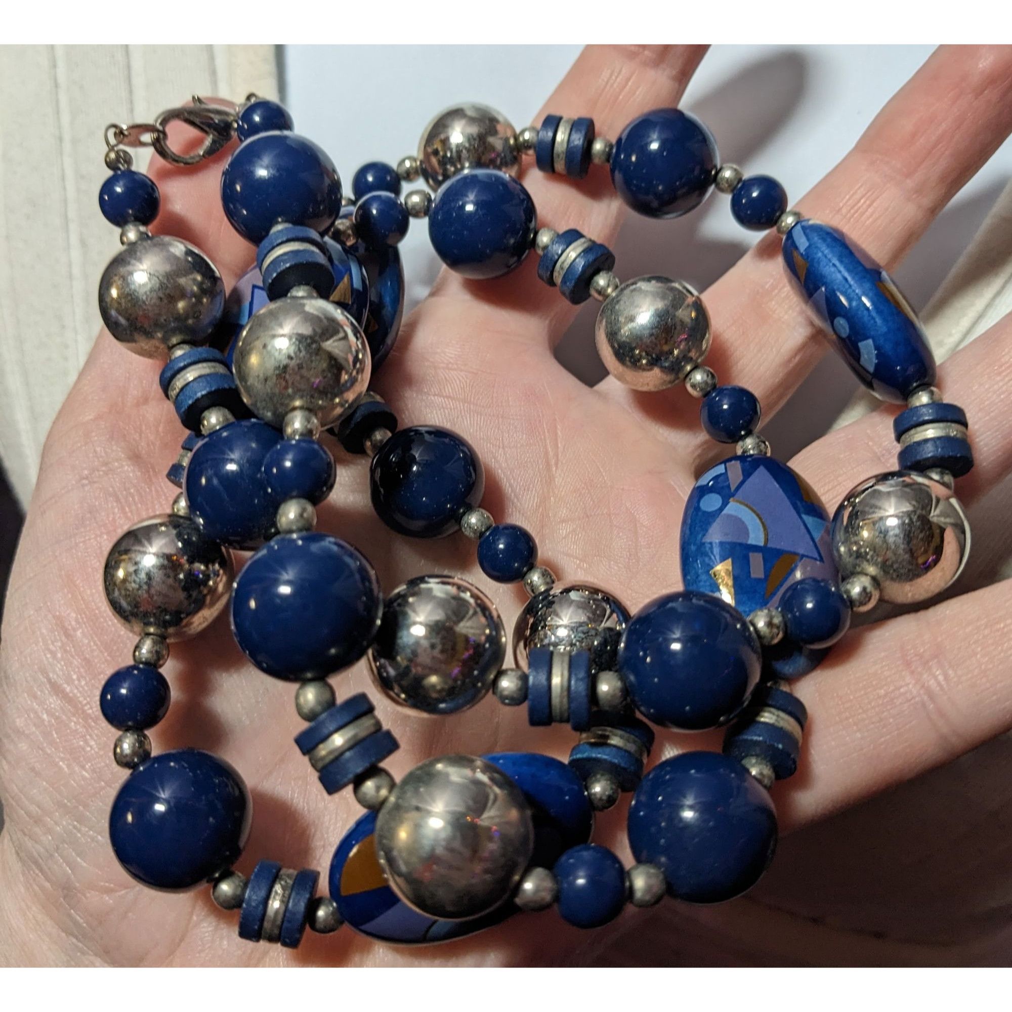 Other Vintage 80s/90s Blue And Silver Geometric Printed Japan Bead Size ONE SIZE - 2 Thumbnail