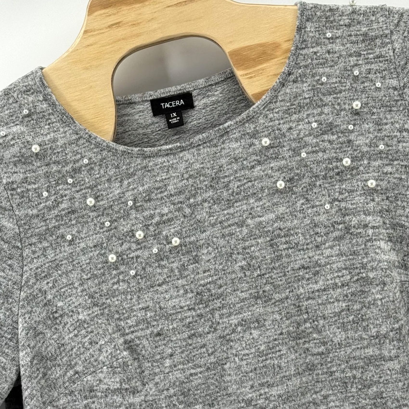 Vintage Tacera Sweater Tunic Dress 1X Gray Pearl Embellished 3/4 Sleeve Puff Sleeve Knit Crew Neck Pullover Womens Beaded All Seasons Fall Winter Vintage No Size XL / US 12-14 / IT 48-50 - 2 Thumbnail