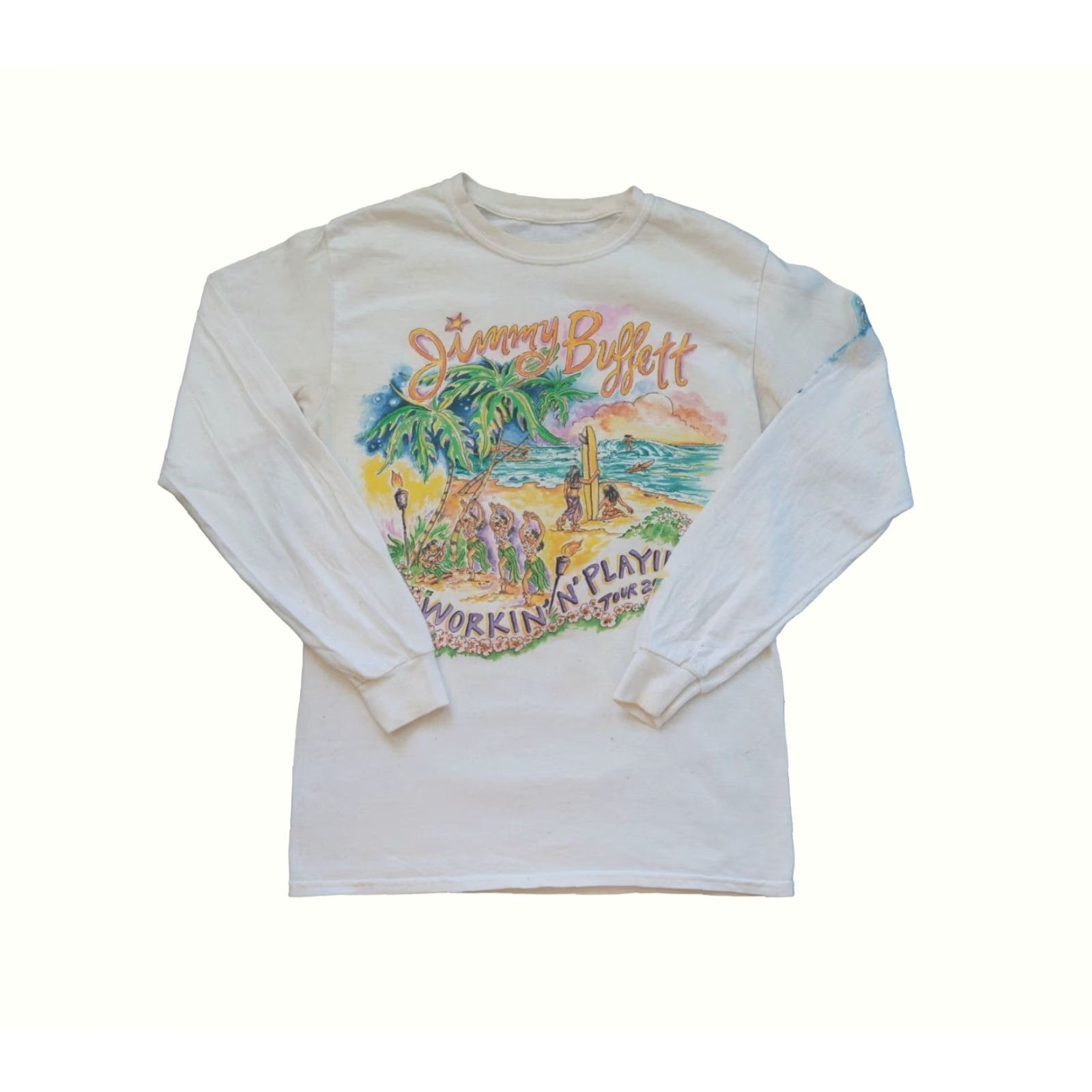 Gildan VINTAGE Jimmy Buffett WORKIN N PLAYIN YACHT ROCK T SHIRT MEN SZ S White Cotton Graphic Print Crew Neck Long Sleeve Rock Tour 2010s Men’s Gildan 5000 Size US S / EU 44-46 / 1 - 3 Thumbnail