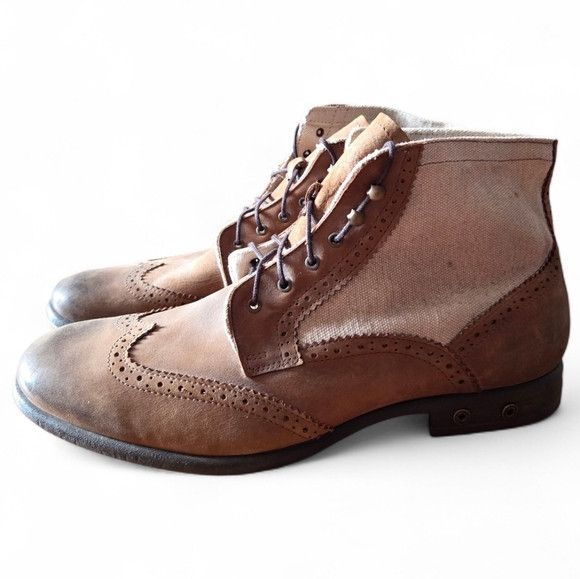 Diesel Diesel Leather Canvas Distressed Vintage Style Wingtip Boots Size US 12 / EU 45 - 2 Thumbnail