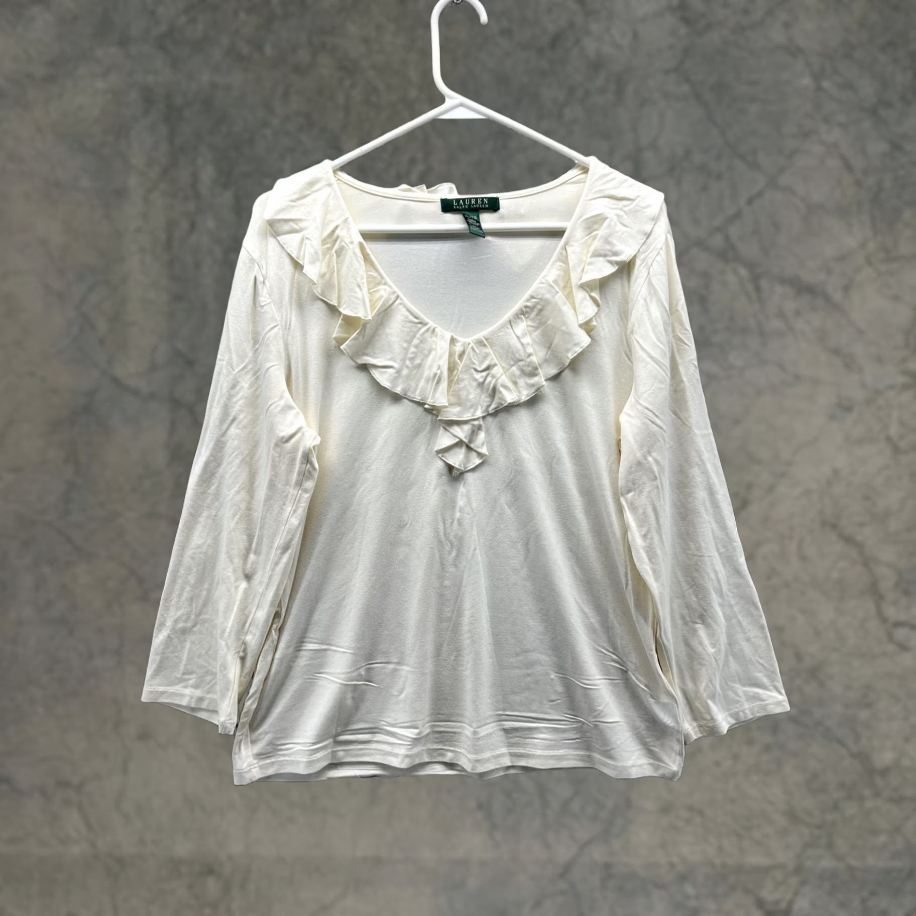 Ralph Lauren Lauren Ralph Lauren Shirt Womens XL White Ruffle V Neck Long Sleeve Top Boho Size XL / US 12-14 / IT 48-50 - 1 Thumbnail