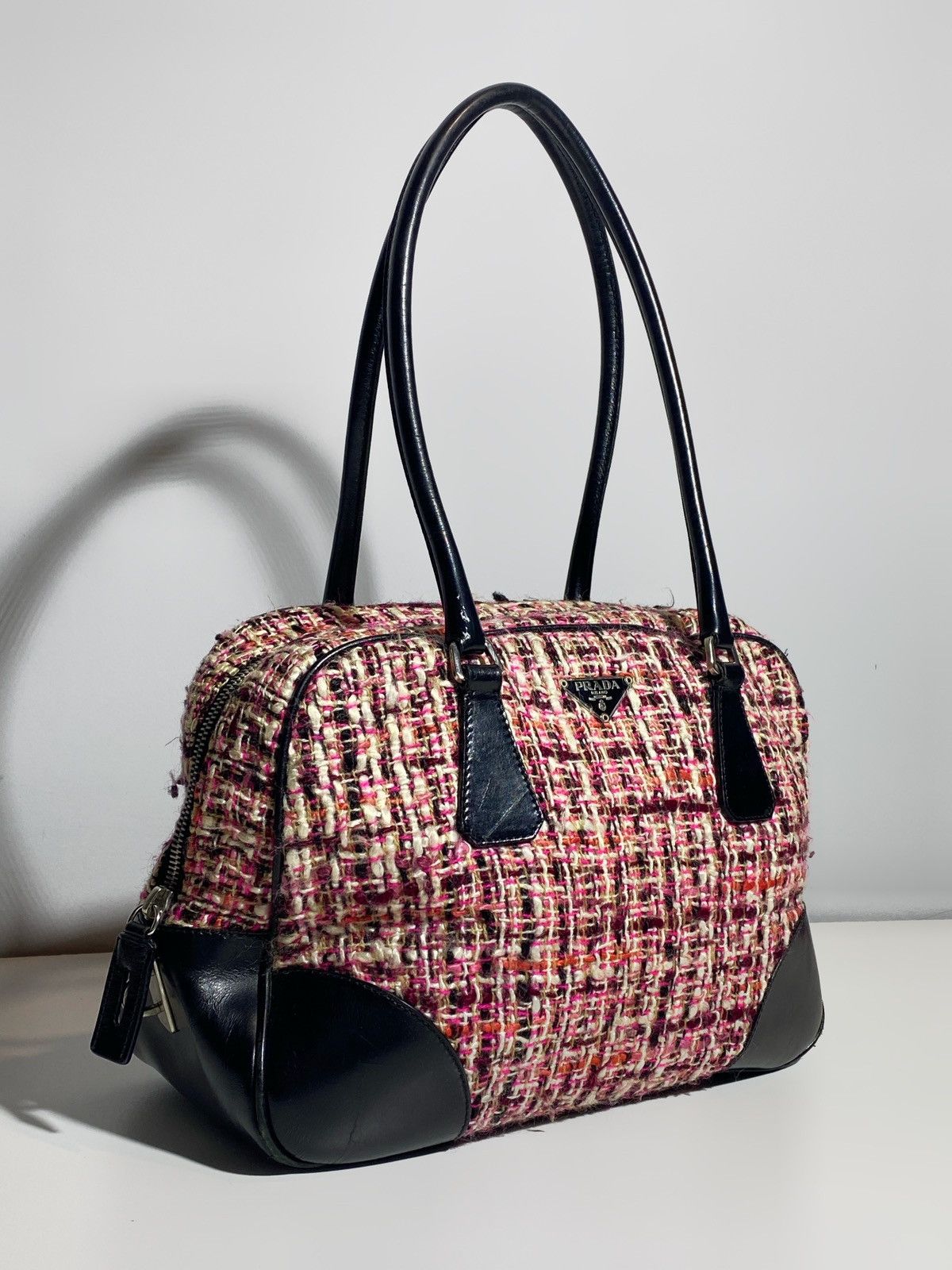 Prada Prada Boston Bag Triangle Logo Plate Tweed Size ONE SIZE - 5 Thumbnail