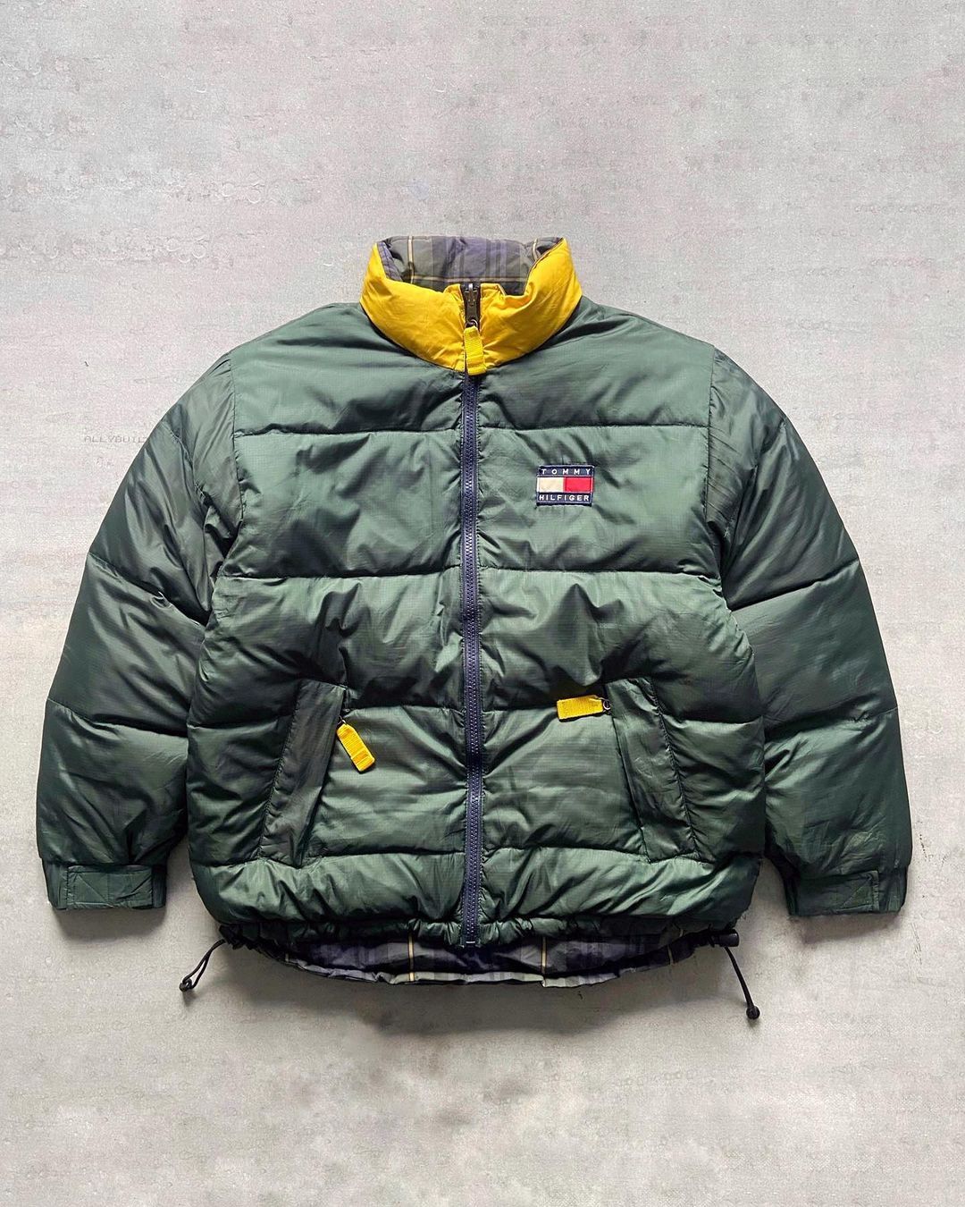 image of Vintage 1990S Tommy Hilfiger Reversible Tartan Puffer Jacket in Green Tartan, Men's (Size Large)