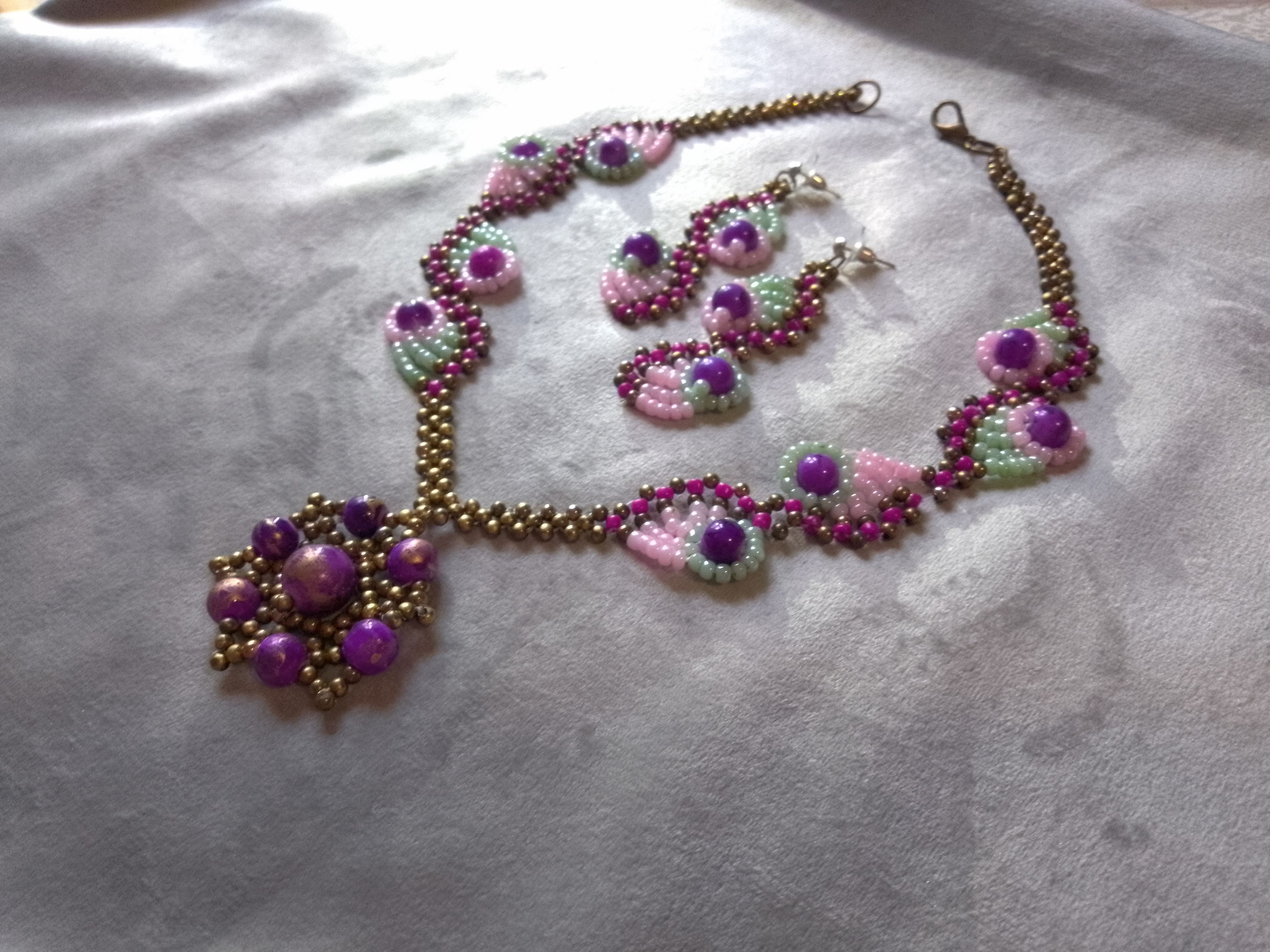 Handmade Necklace. Vintage, antique brass purple pearls. Earrings Size ONE SIZE - 4 Thumbnail
