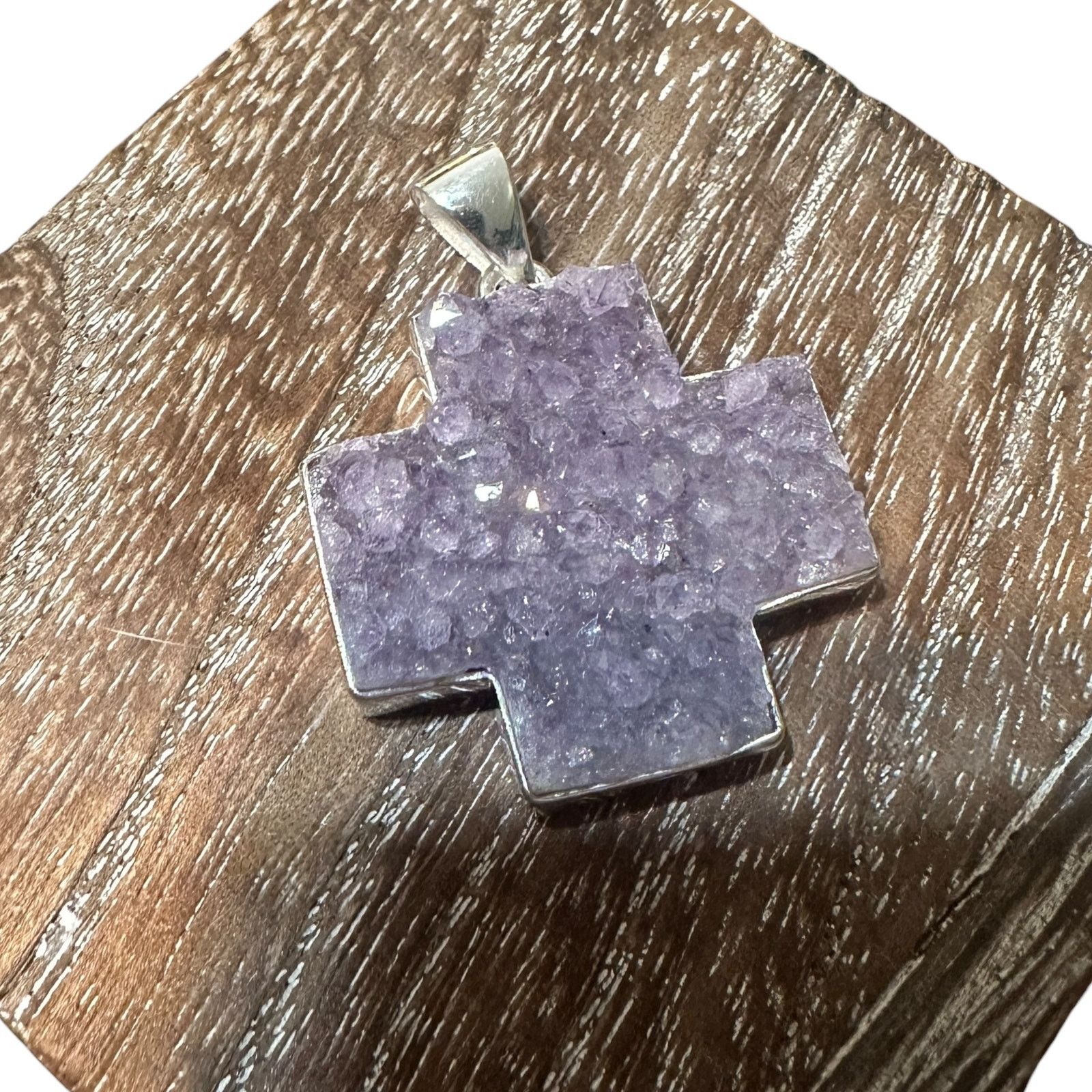 The Unbranded Brand 925 Sterling Silver Amethyst Druzy Cross Pendant Size ONE SIZE - 3 Thumbnail