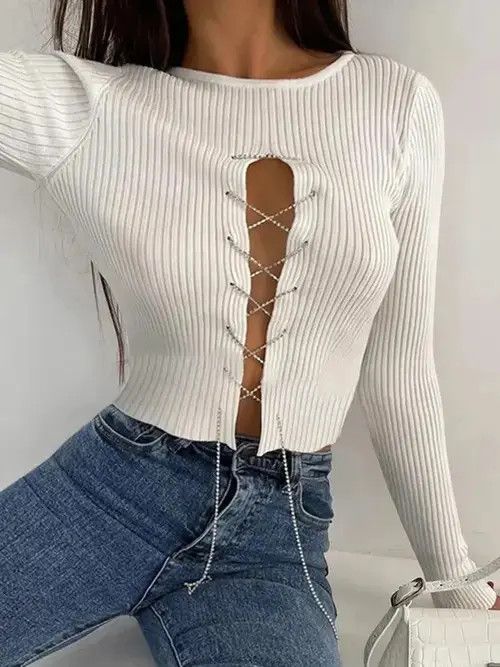 Japanese Brand Chain Bandage Knit T-Shirt for Women Chic Casual Size ONE SIZE - 1 Thumbnail