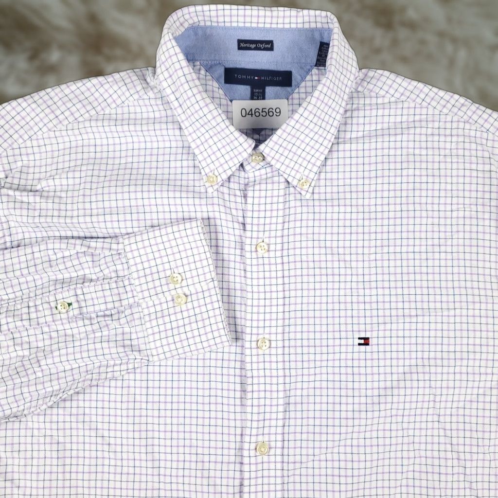 Tommy Hilfiger Vintage Tommy Hilfiger Dress Shirt Men 17.5 Purple Blue Check Long Sleeve Business Casual Formal Size 46R - 1 Thumbnail