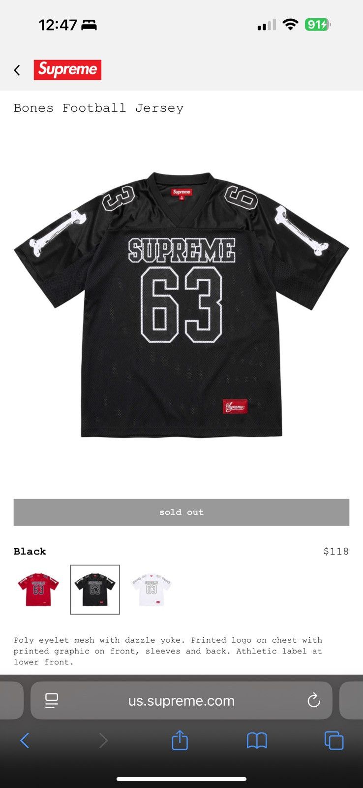 Supreme Bones Football Jersey Black Large INHAND