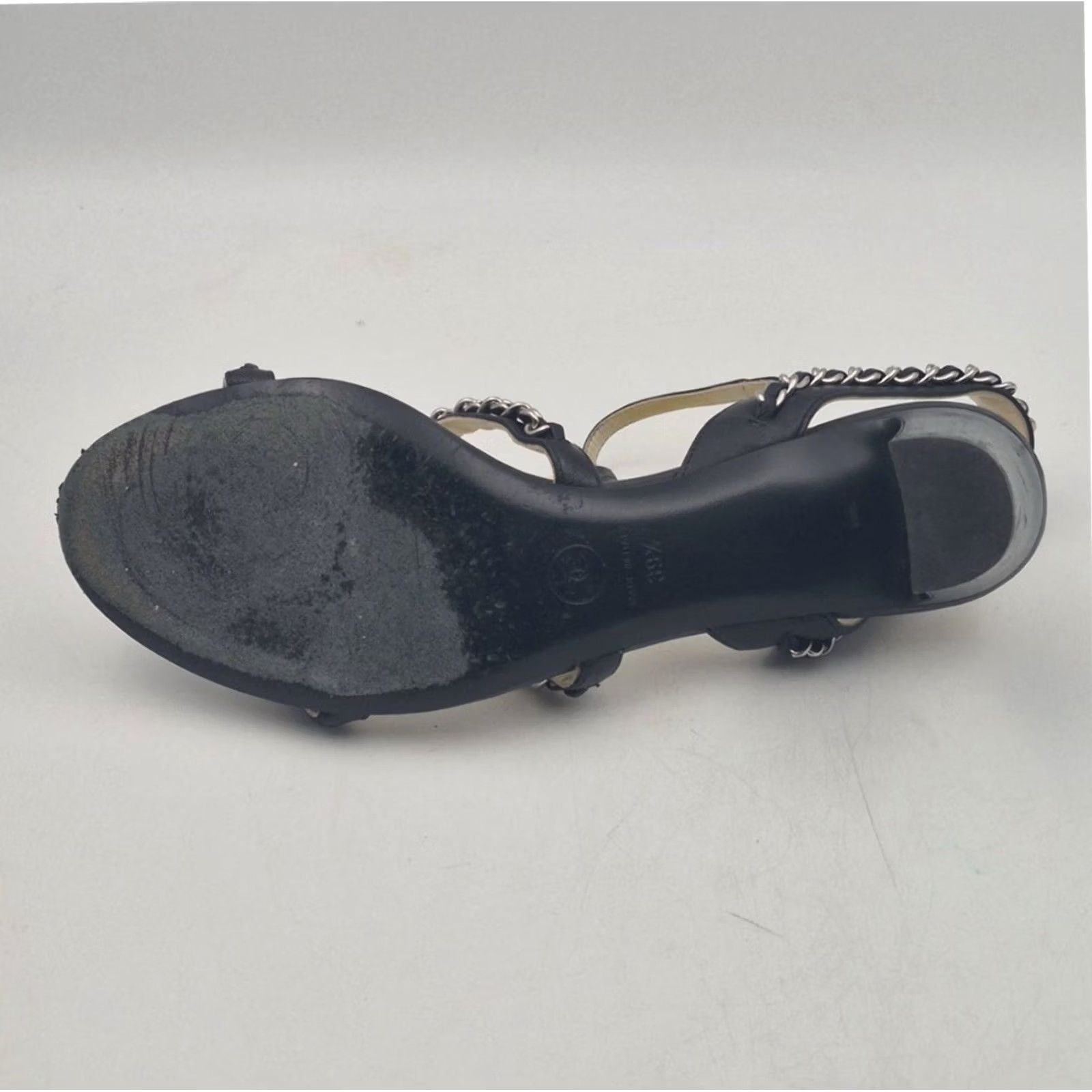 Chanel CHANEL Black Chain T-Strap Sandal Heels 39.5 US 8.5 Silver CC Block Heel Strappy Leather Women Mens Girls Size US 9 / IT 39 - 5 Thumbnail