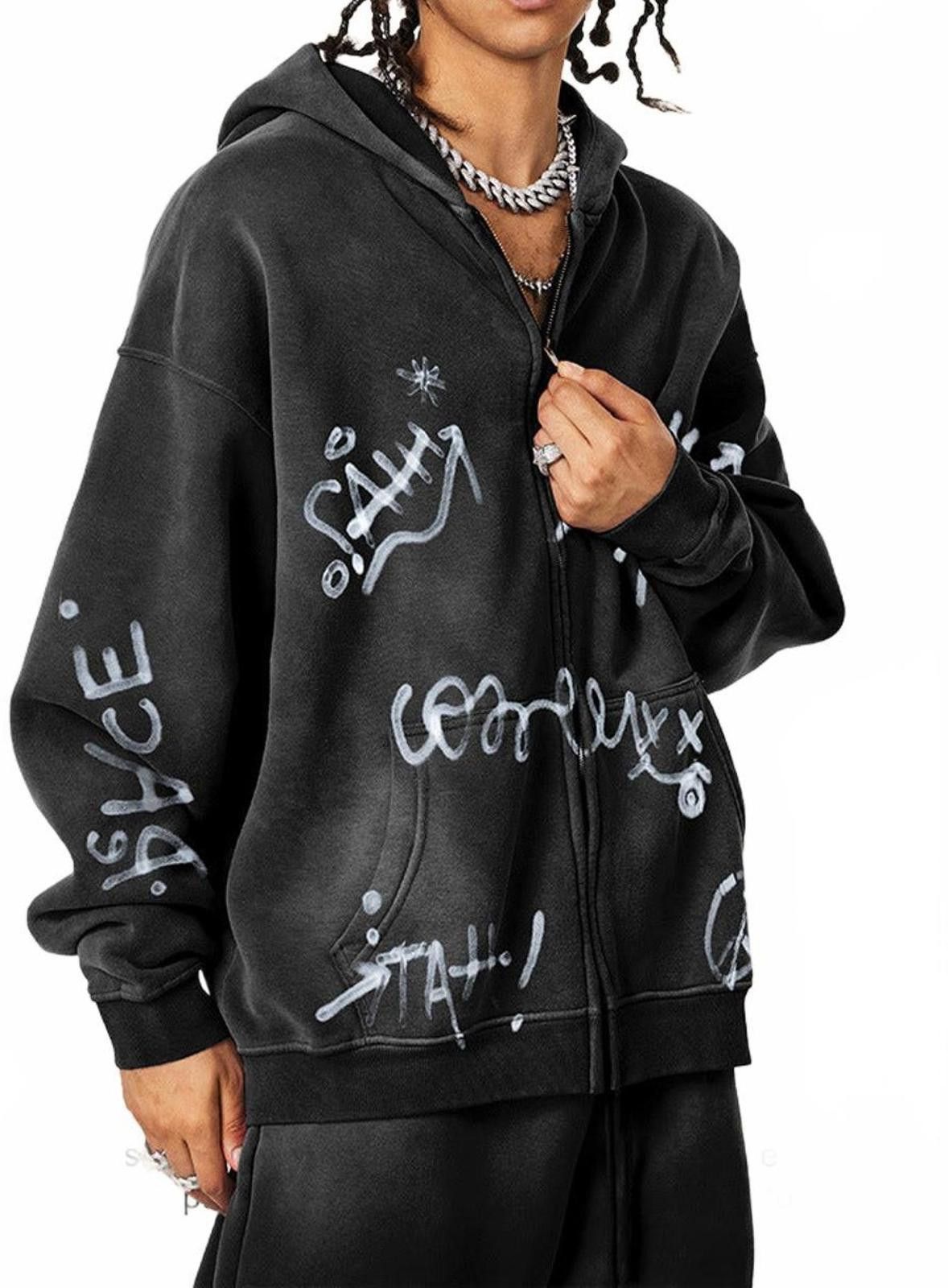 Other Black Graffiti Print Zip-Up Hoodie, Oversized Fit Hoodie Size US L / EU 52-54 / 3 - 2 Thumbnail