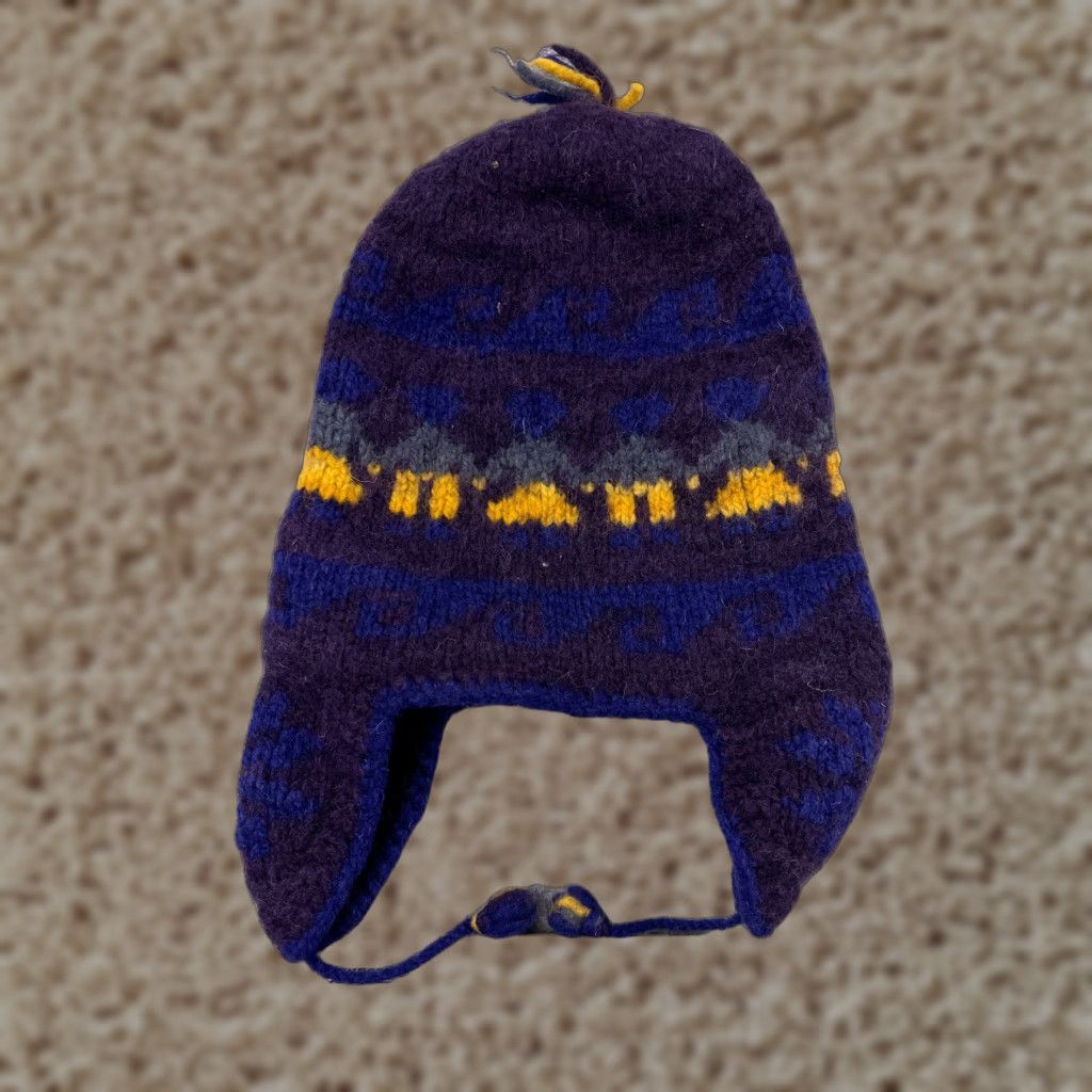 Vintage Bolivian Handknits Beanie Hat Adult One Size Purple Wool Ear Flap Waves Knit Ski Theme Logo Mens Size ONE SIZE - 1 Thumbnail