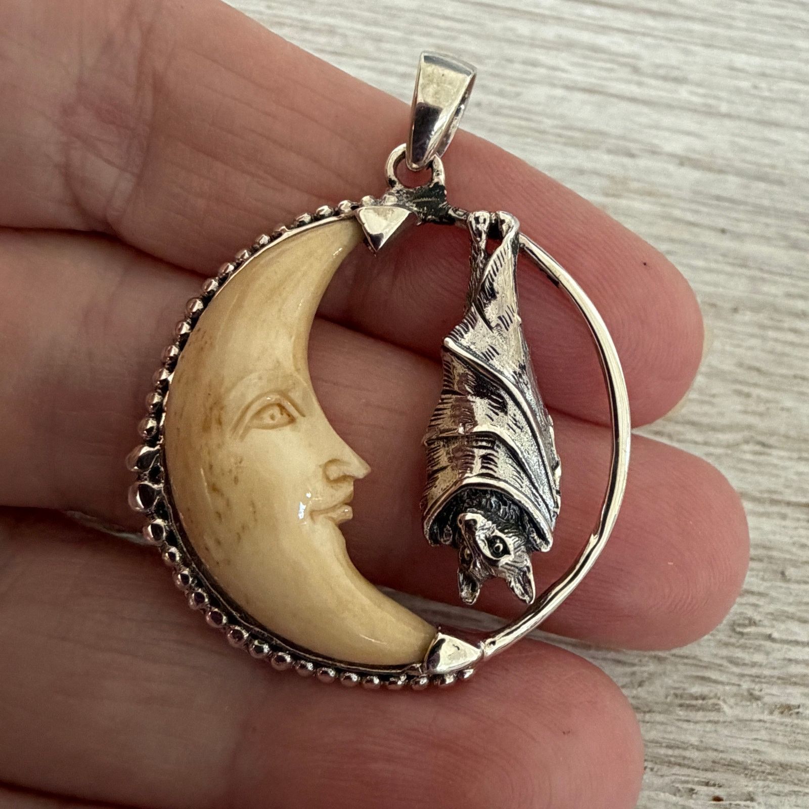 Other Sterling Silver Bat Moon Pendant Carved Tea Bone Gothic Size ONE SIZE - 3 Thumbnail