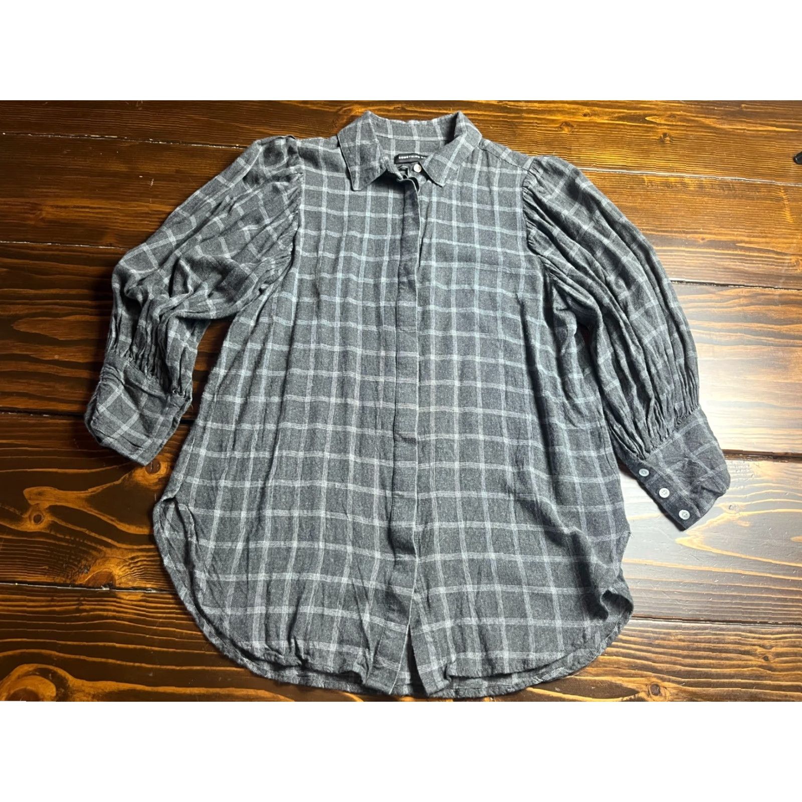 Vintage Something Navy Shirt, Women’s Size Small, Gray White, Peasant, 3/4 Puff Sleeve, Button-Up, Casual, Fall, Spring, Summer, Women, Regular Fit Size S / US 4 / IT 40 - 2 Thumbnail