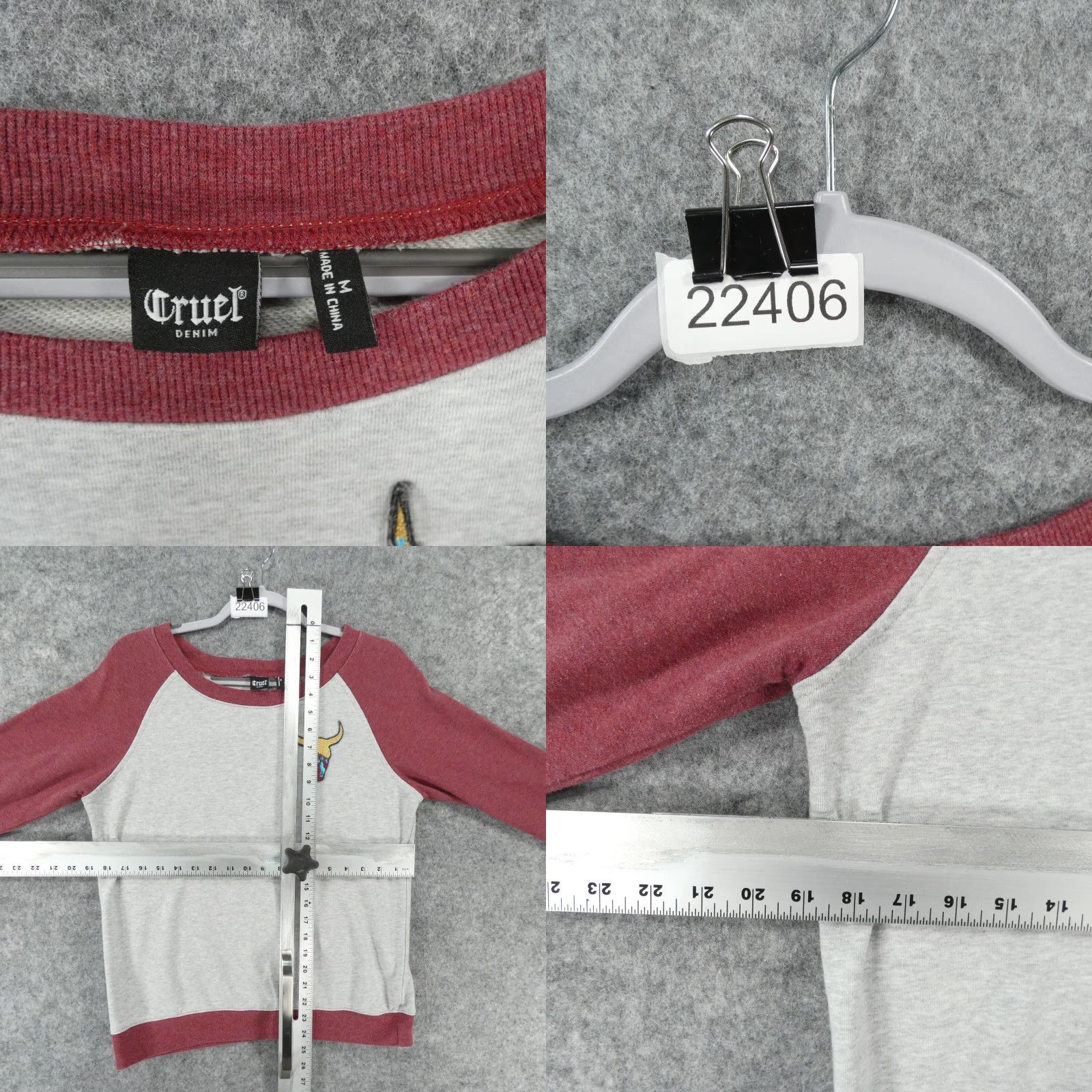 Vintage Cruel Sweatshirt Women Medium Long Sleeve Pullover Gray Red w Bull Skull Size M / US 6-8 / IT 42-44 - 8 Thumbnail