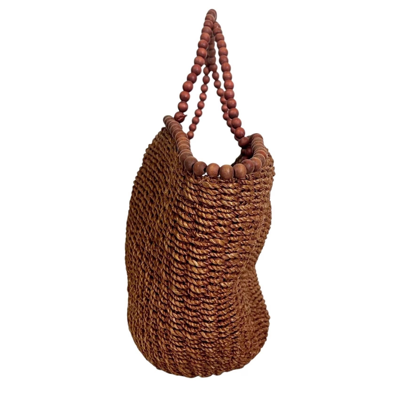 Vintage Straw Woven Tote Purse with Beaded Trim and Handle Brown Boho Summer Shopper Size ONE SIZE - 3 Thumbnail