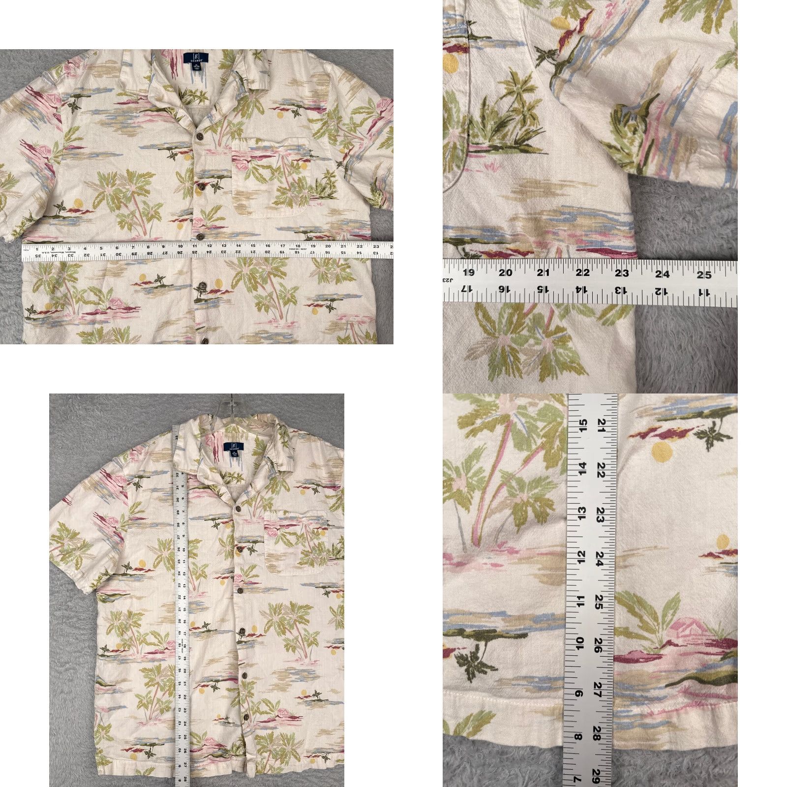 George George Shirt Adult XL Ivory Palm Hut Sunset Floral Hawaiian Cotton Blend Button-Up Casual Mens 90s Theme Size US XL / EU 56 / 4 - 8 Thumbnail