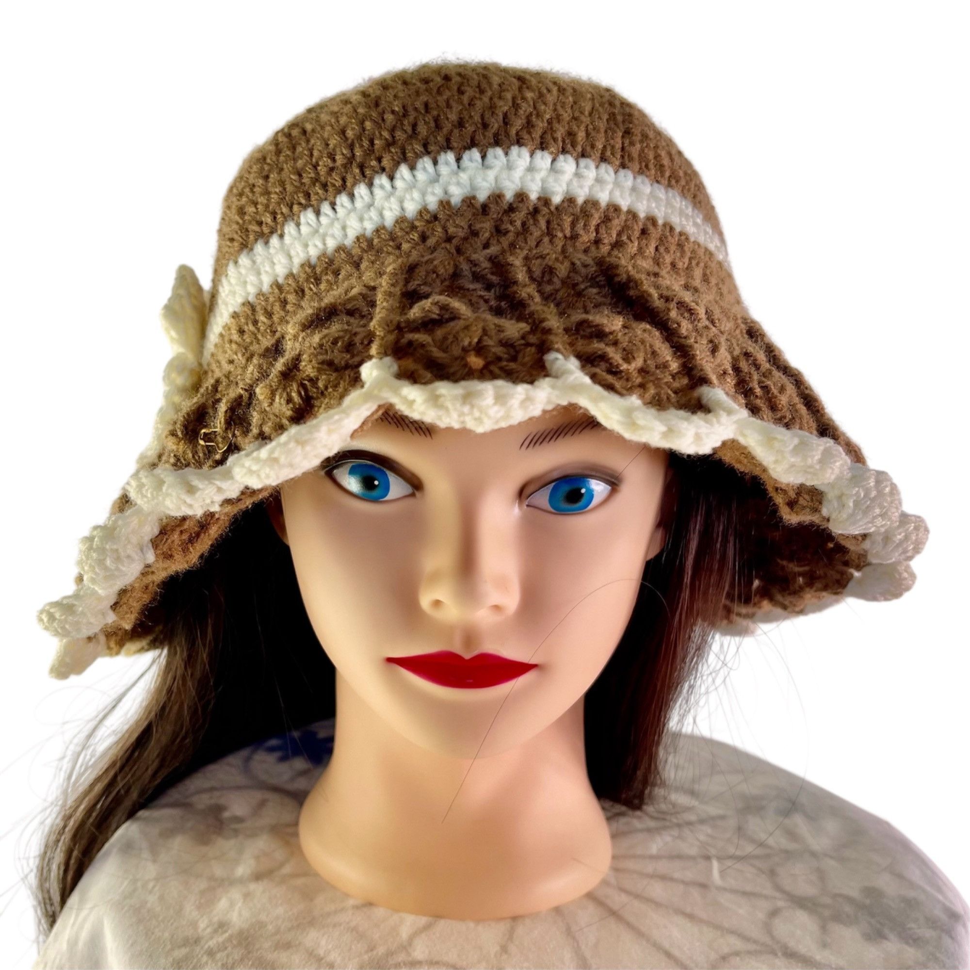 Handmade Crochet Bucket Hat Retro Cloche Style Brown and Cream Handma Size ONE SIZE - 3 Thumbnail