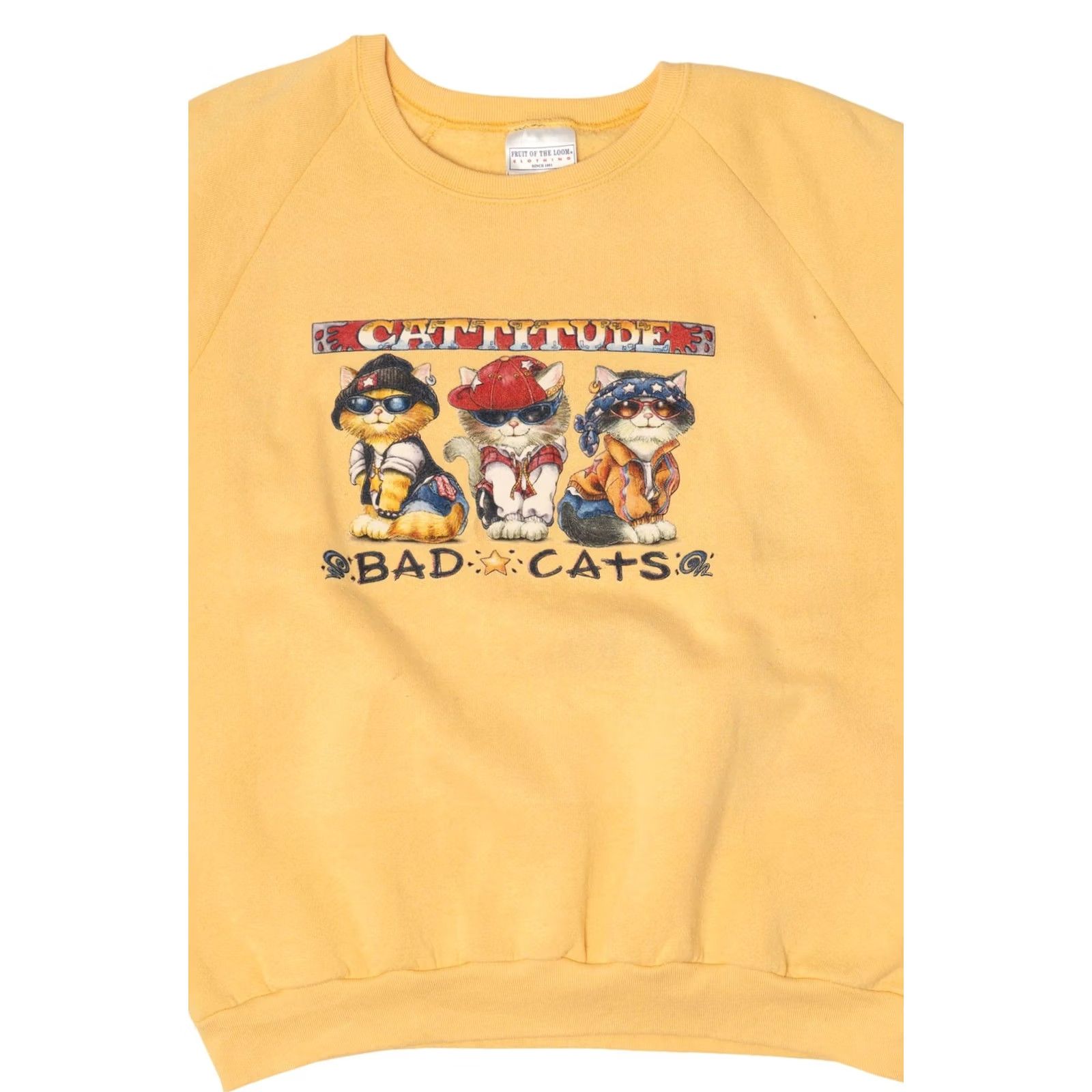 Fruit Of The Loom Vintage Fruit of the Loom Yellow "Cattitude" Bad Cats Sweatshirt Large, Long Sleeve, Cotton / Polyester, Mexico, Regular, Good Women? Mens? (adapted) Size US L / EU 52-54 / 3 - 5 Thumbnail