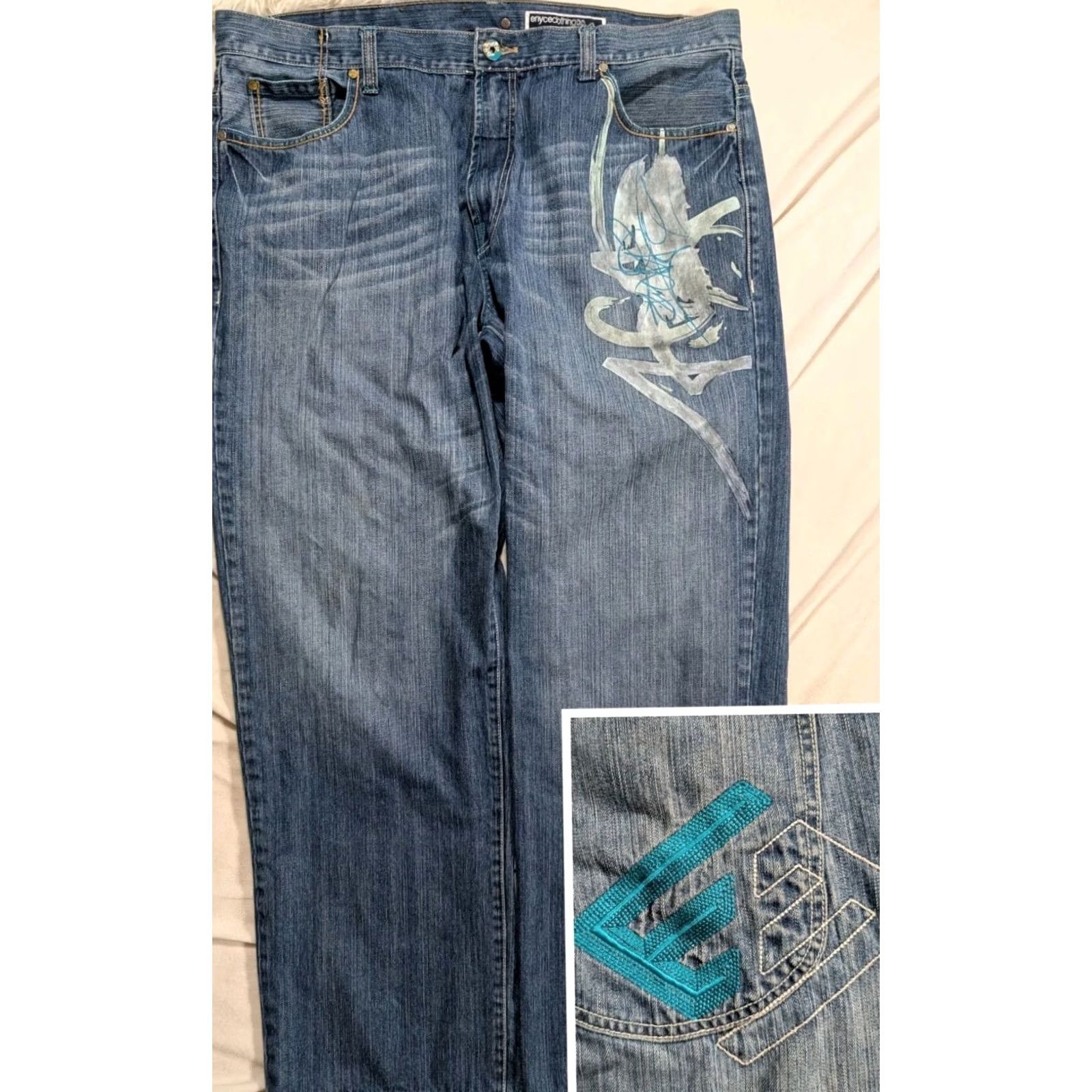 Enyce VTG Enyce Jeans Mens 42x34 Blue Baggy Embroidered Wide Leg Hip Hop Skater Y2K Jeans Mens 42 Blue Embroidered Baggy Wide Leg Hip Hop 90s Retro Mens Size US 42 / EU 58 - 2 Thumbnail