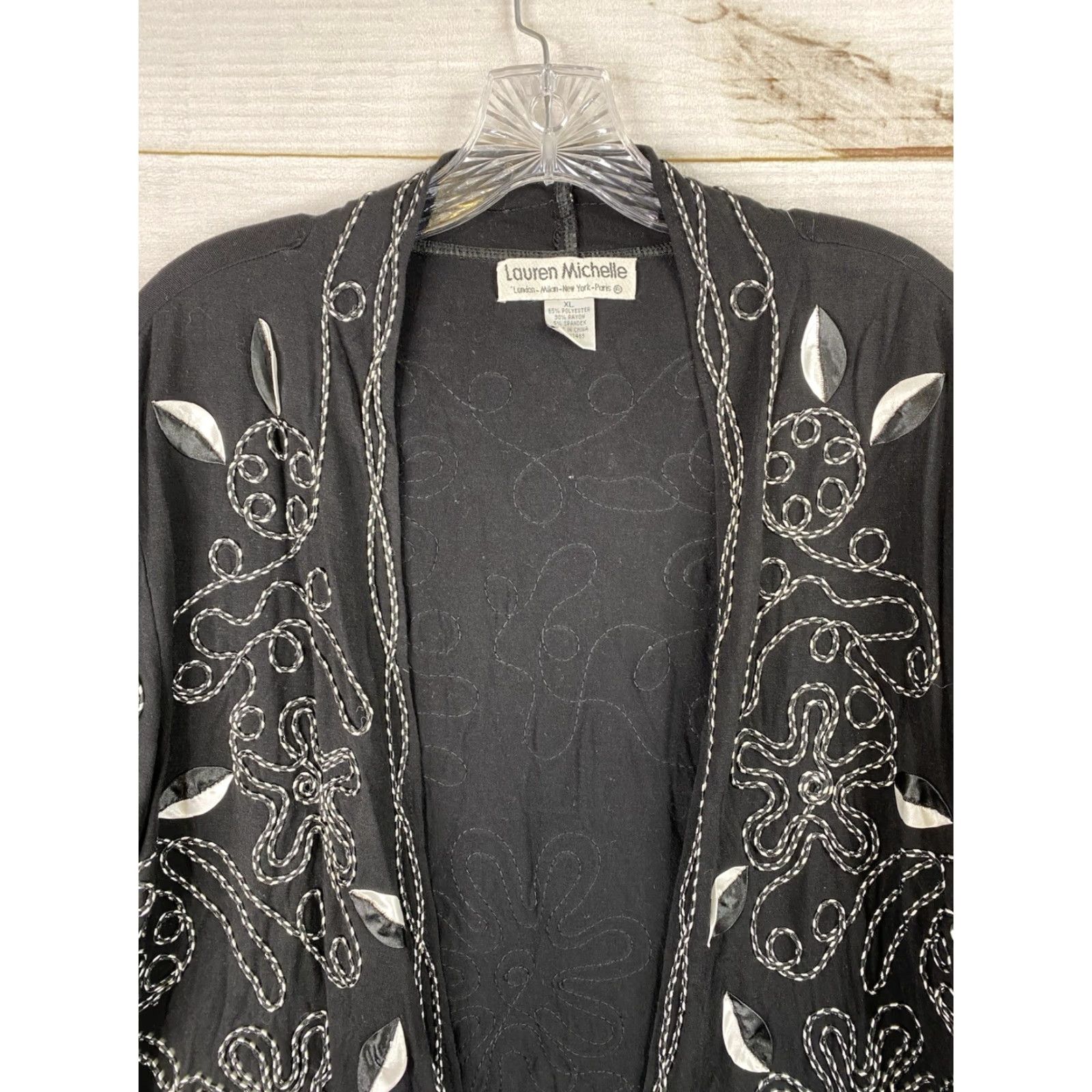 Vintage Lauren Michelle Cardigan Womens XL Black Embroidered Open Front Duster Jacket Size XL / US 12-14 / IT 48-50 - 2 Thumbnail