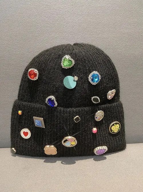 Other 876Black Beanie Hat with Colorful Gems and Badges Size ONE SIZE - 1 Thumbnail