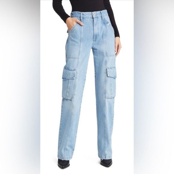 image of Frame High Waist Utility Straight Leg Light Wash Jeans, Size in Blue, Women's