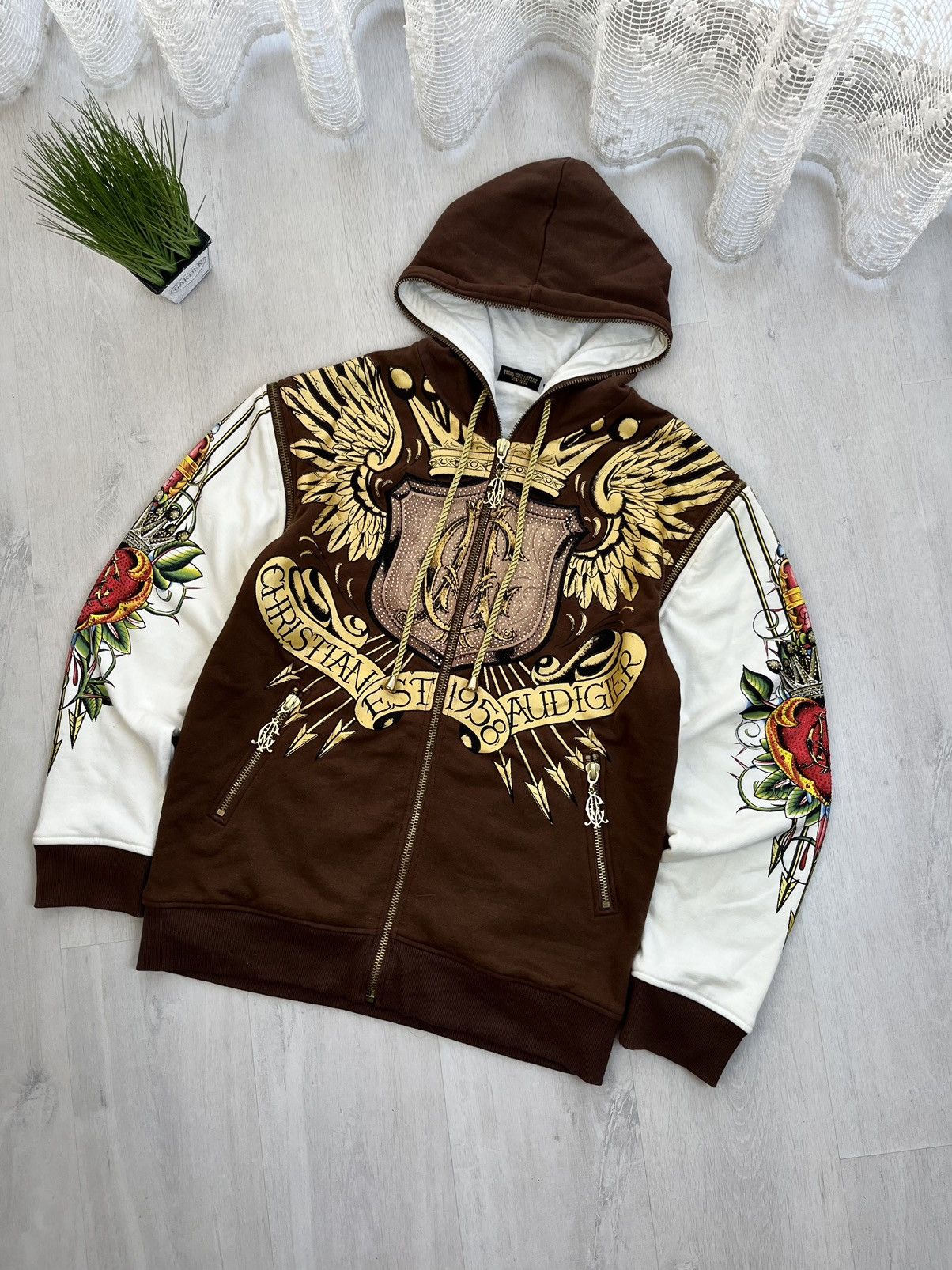 Vintage Christian Audigier Brown Zip-up Hoodie Vintage Y2K Japanese |  Grailed