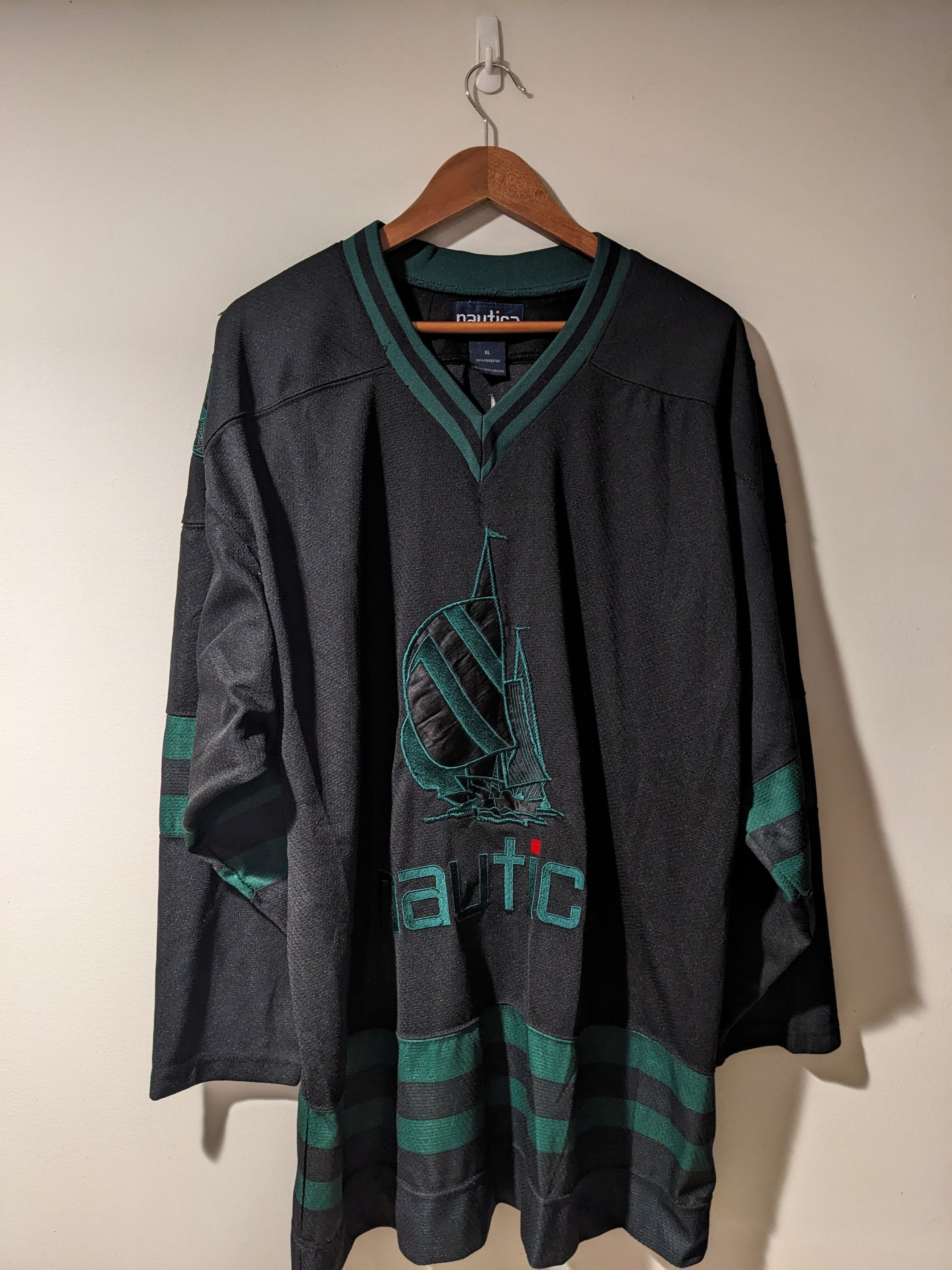 Vintage 90s Nautica Logo Black Green X-Large Hockey Jersey