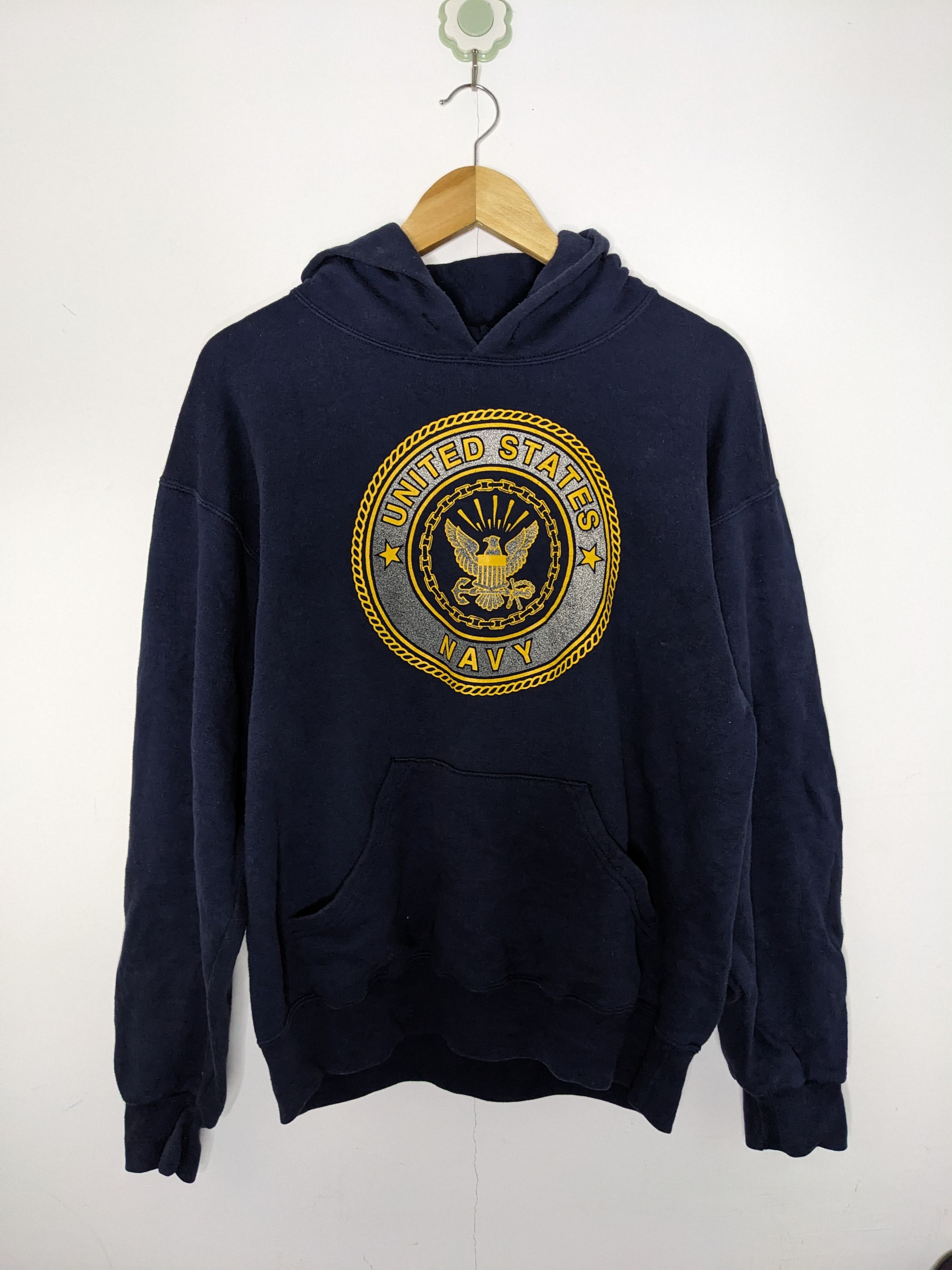 image of Made In USA x USN Vintage Us Navy Soffe Mens Blue Hoodie Big Logo in Navy Blue (Size Medium)