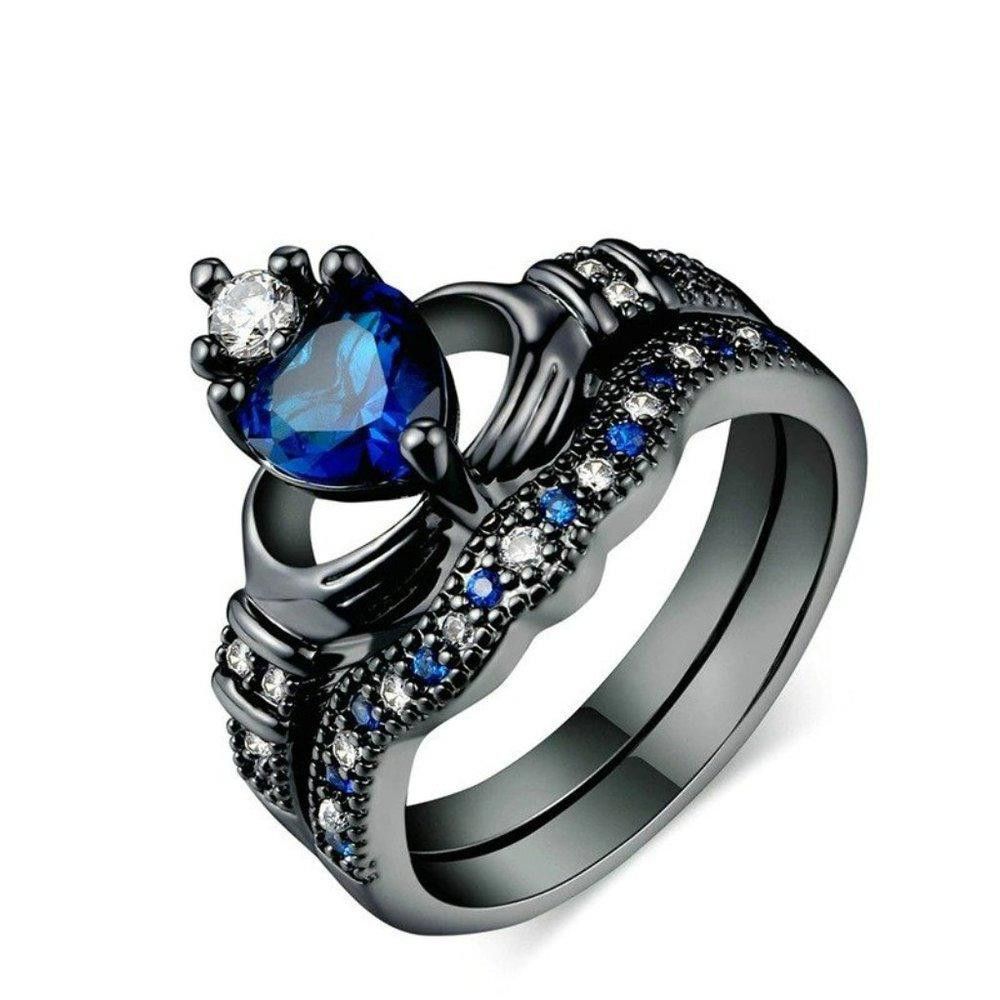 Designer 2pcs Wrapping Hands Blue Heart Black Crown Ring Set - Size 7 Size ONE SIZE - 9 Thumbnail