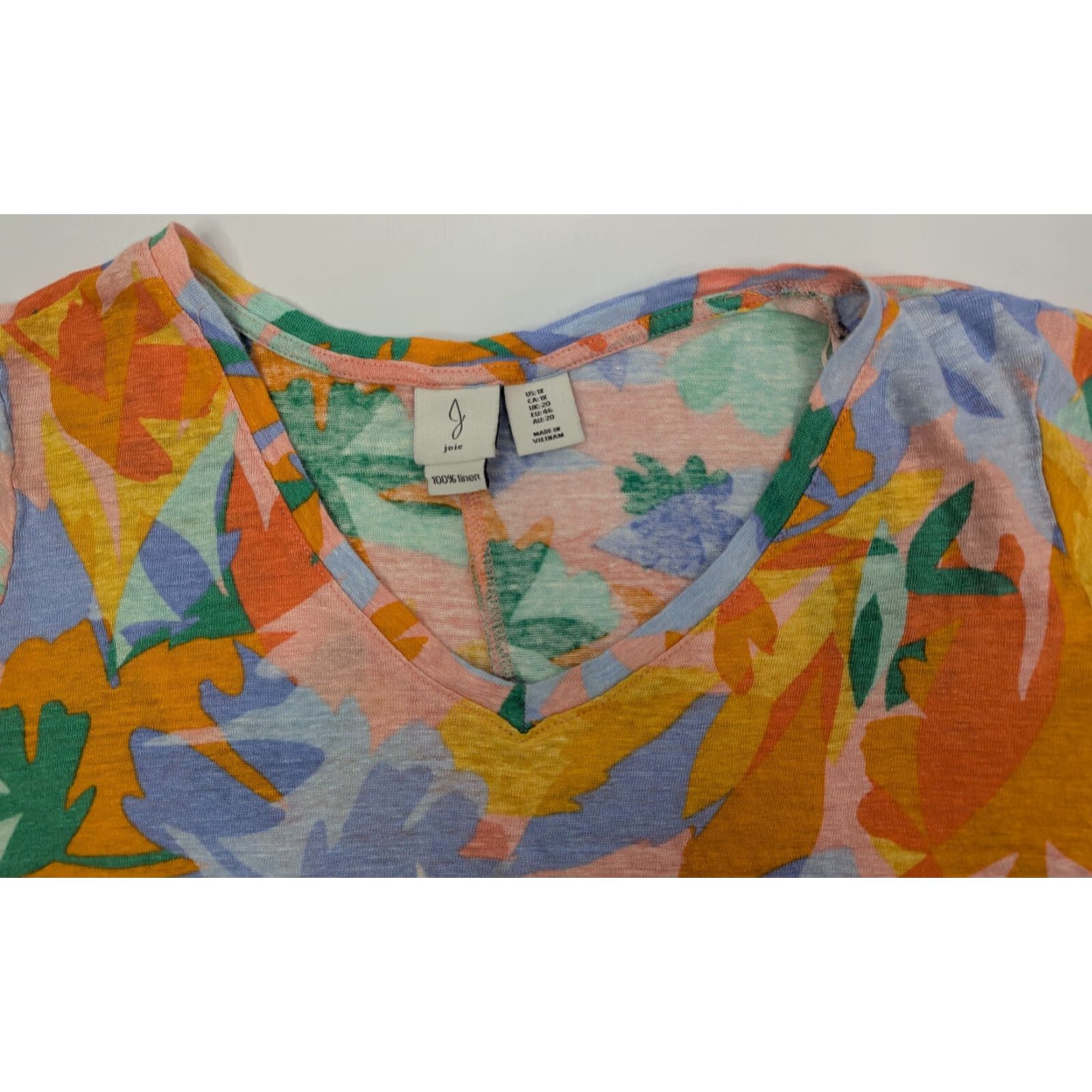 Joie Joie Womens 1X Blouse Short Sleeve V-Neck Floral Linen Blue Casual Summer 100% Linen Size XL / US 12-14 / IT 48-50 - 5 Thumbnail