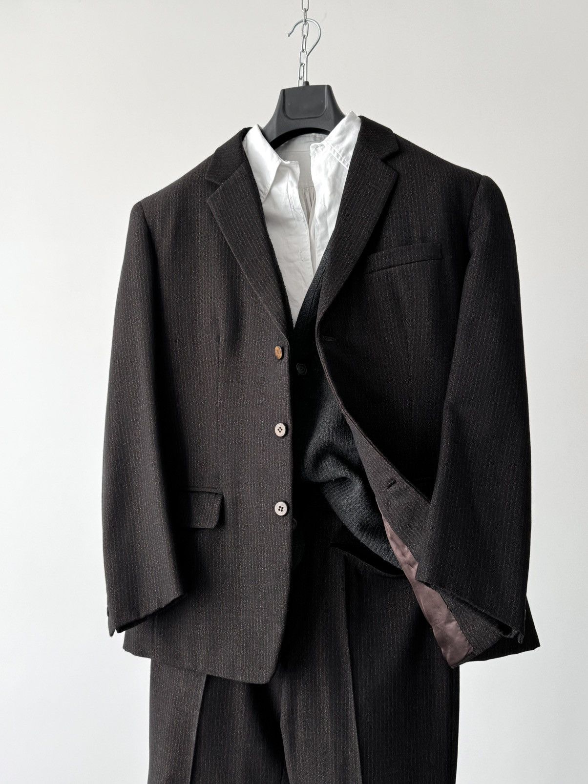 Vintage 1940s Austrian Two Piece Gabardine Brown Striped Suit Size 44R - 4 Thumbnail