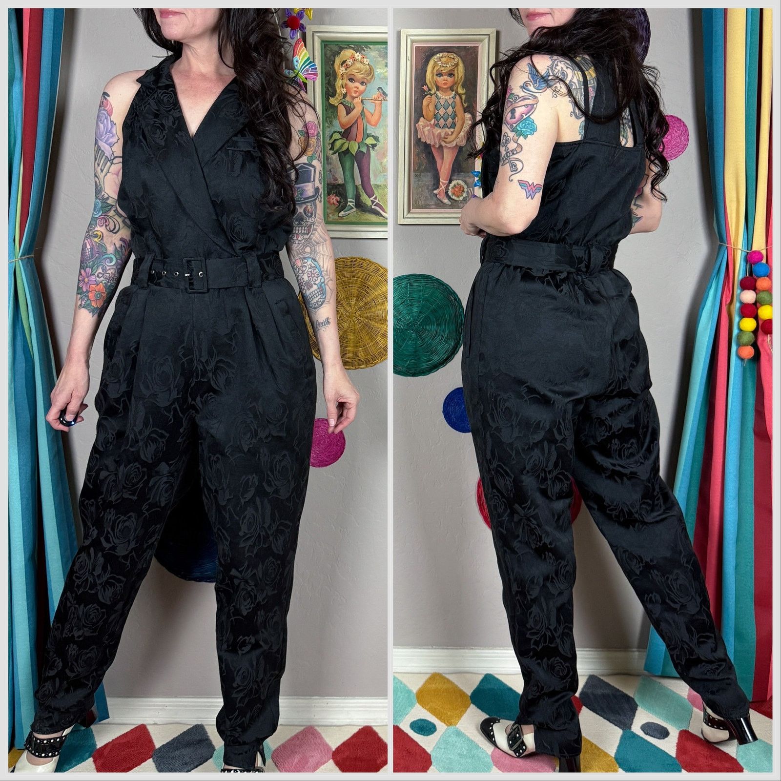 Vintage Vintage 80s Black Floral Jacquard Sleeveless Halter Jumpsuit Size 30" / US 8 / IT 44 - 3 Thumbnail