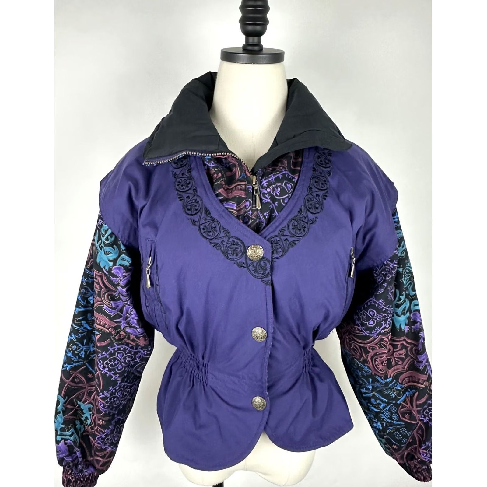 Vintage VINTAGE Skiing Passport Jacket Womens XS 90s Bohemian Paisley Embroidered Puffer Purple Size XS / US 0-2 / IT 36-38 - 2 Thumbnail