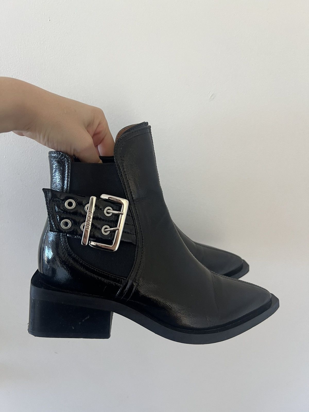 Ganni Ganni Patent Leather Chelsea Boots w/ Buckle Size US 7 / IT 37 - 1 Thumbnail