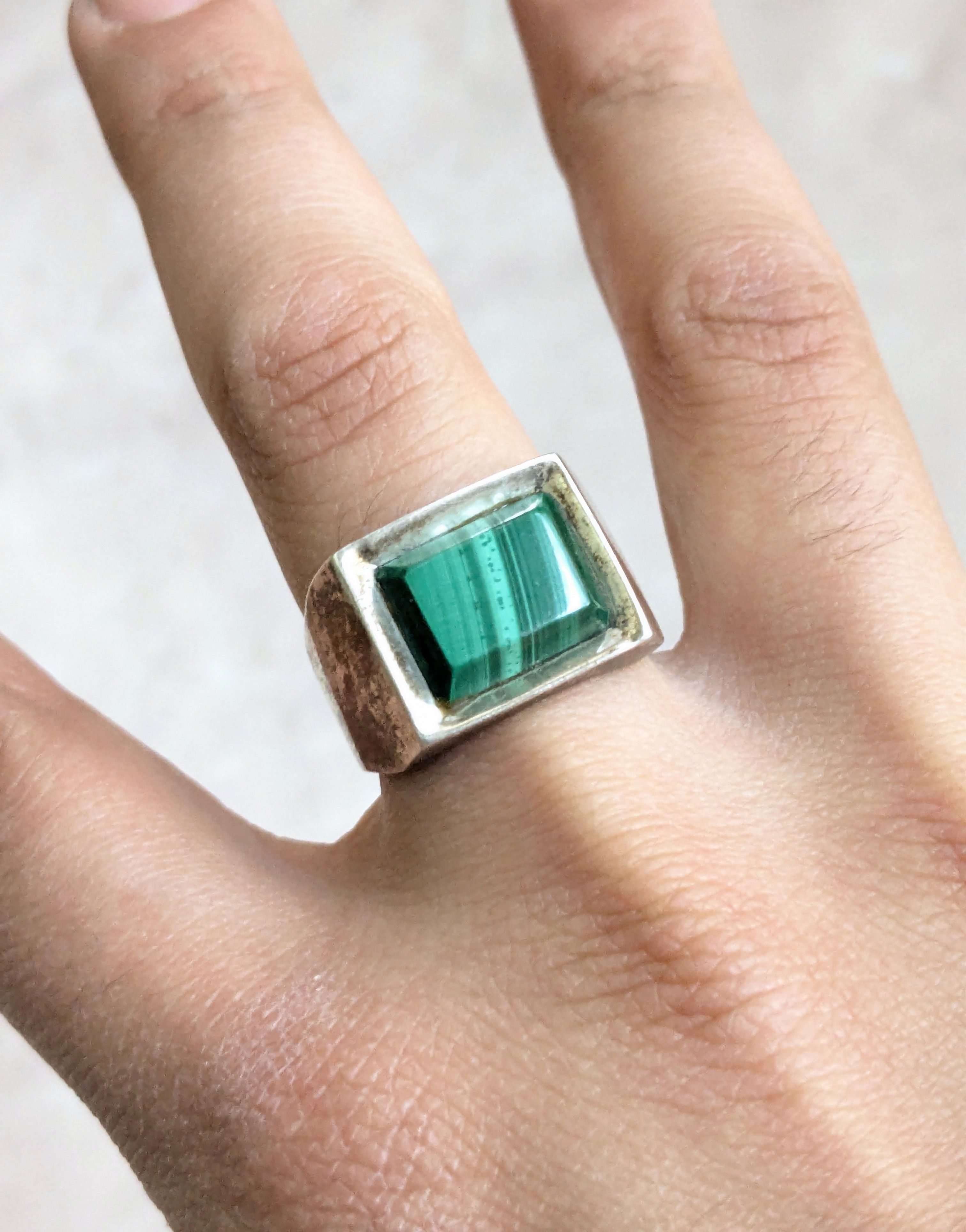 Sterling Silver Vintage Sterling Silver Ring Taxco Green Malachite 10.25 Size ONE SIZE - 10 Thumbnail
