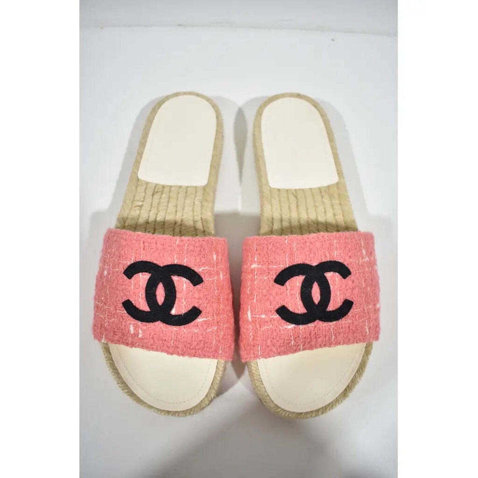Chanel Chanel 20A Pink Tweed Black CC Logo Espadrille Slide Size US 7 / IT 37 - 8 Thumbnail