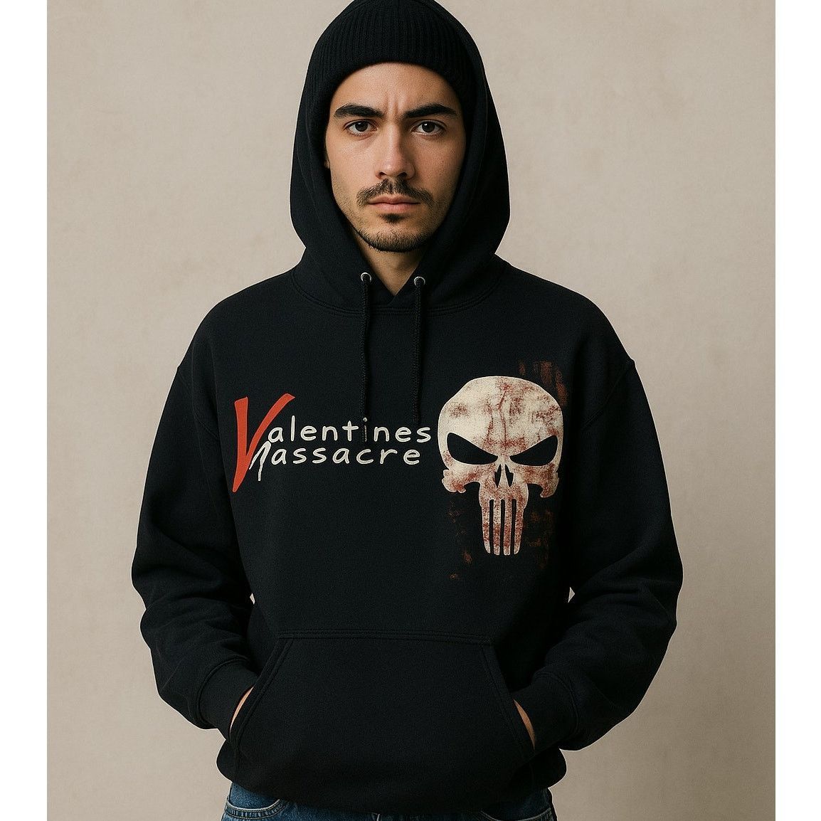 Jerzees Graphic Band Style Black Valentines Massacre Skull Hoodie XL Size US XL / EU 56 / 4 - 1 Thumbnail