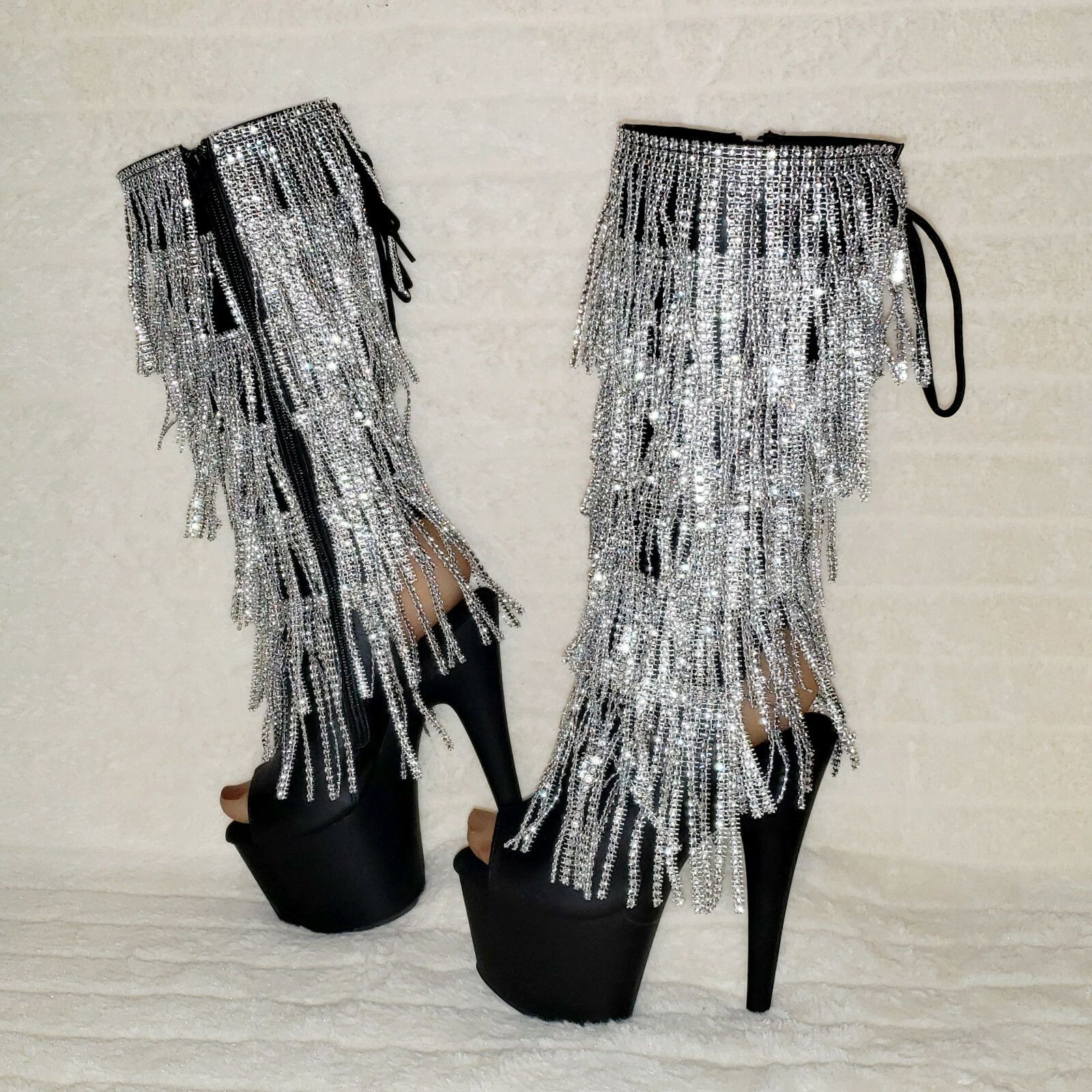 Other Adore 2024 Silver Fringe Black Platform 7" High Heel Fringe Size US 7 / IT 37 - 7 Thumbnail