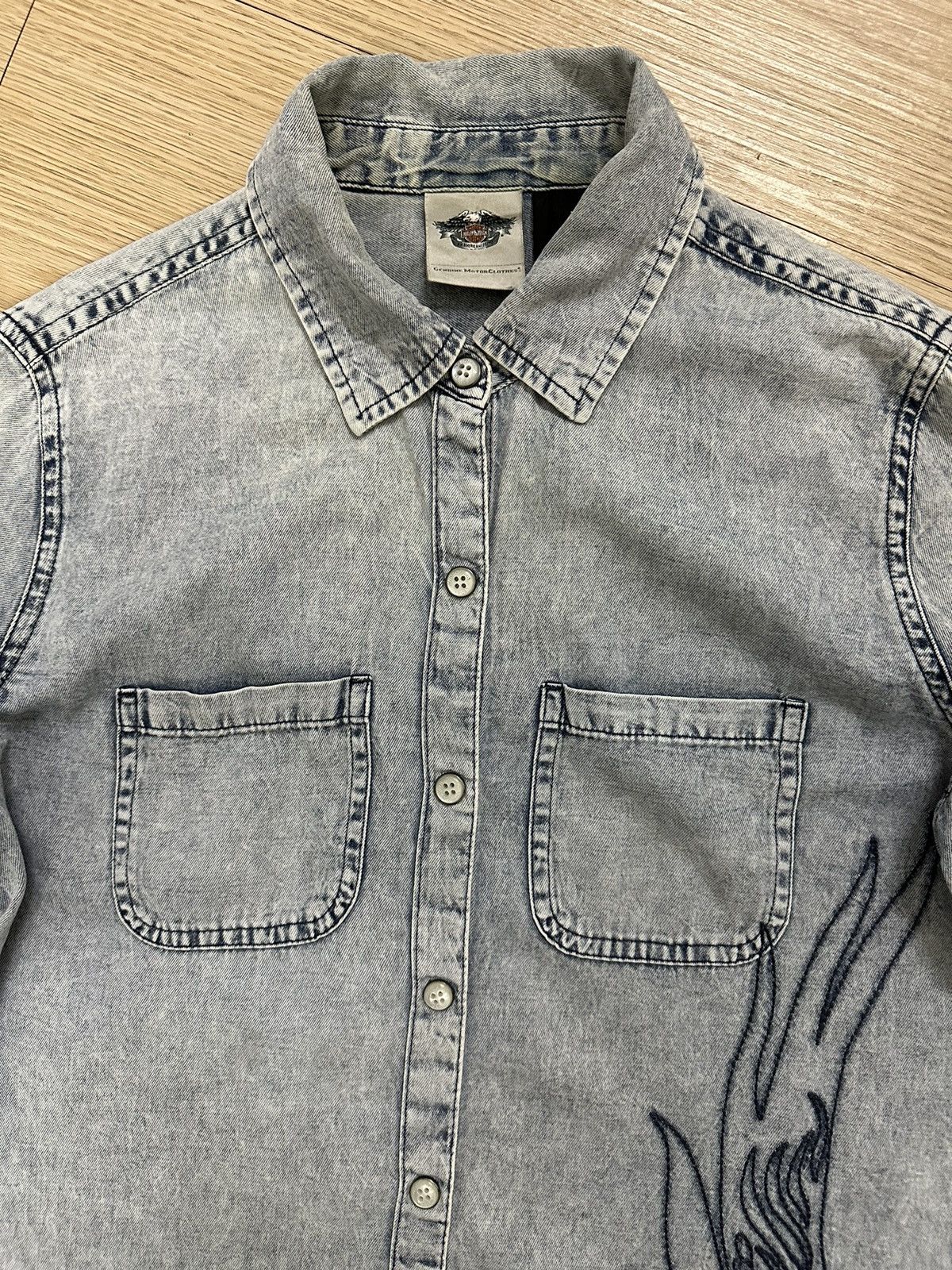 Beauty Beast × Harley Davidson × Vintage Rare Harley Davidson Stone Button Washed Denim Shirt Size XS / US 0-2 / IT 36-38 - 3 Thumbnail