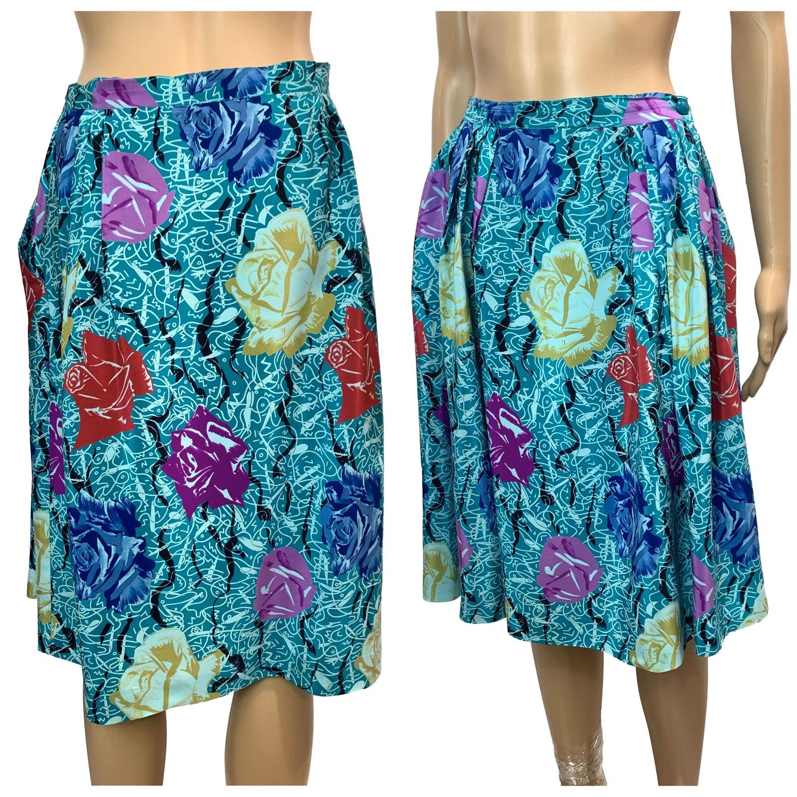 80s Ungaro Paris Blue Floral Roses Silk Wrap Skirt ITALY 28
