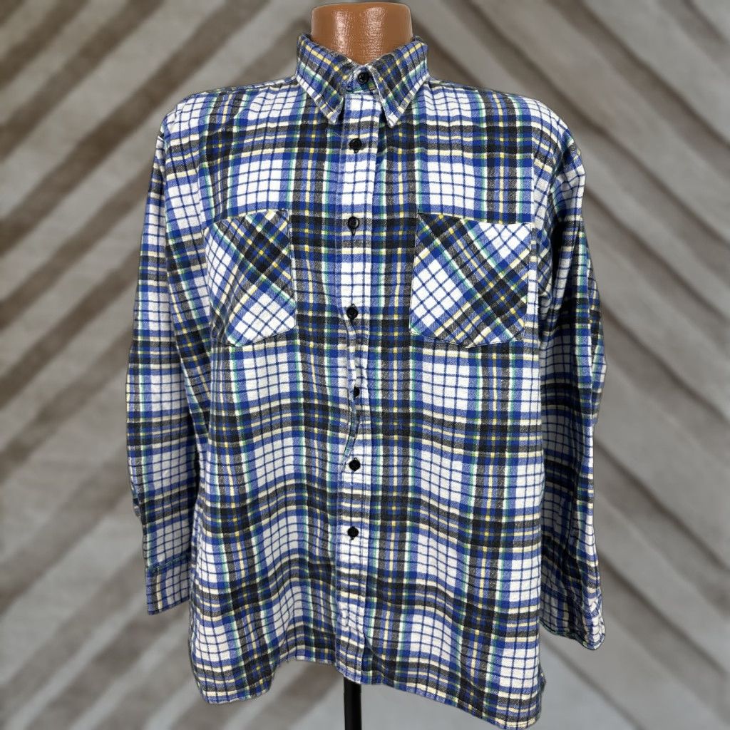 Vintage VINTAGE Saugatuck Flannel Shirt Men Large White Blue Plaid Button-Up Regular Fit 90s Grunge Size US L / EU 52-54 / 3 - 1 Thumbnail