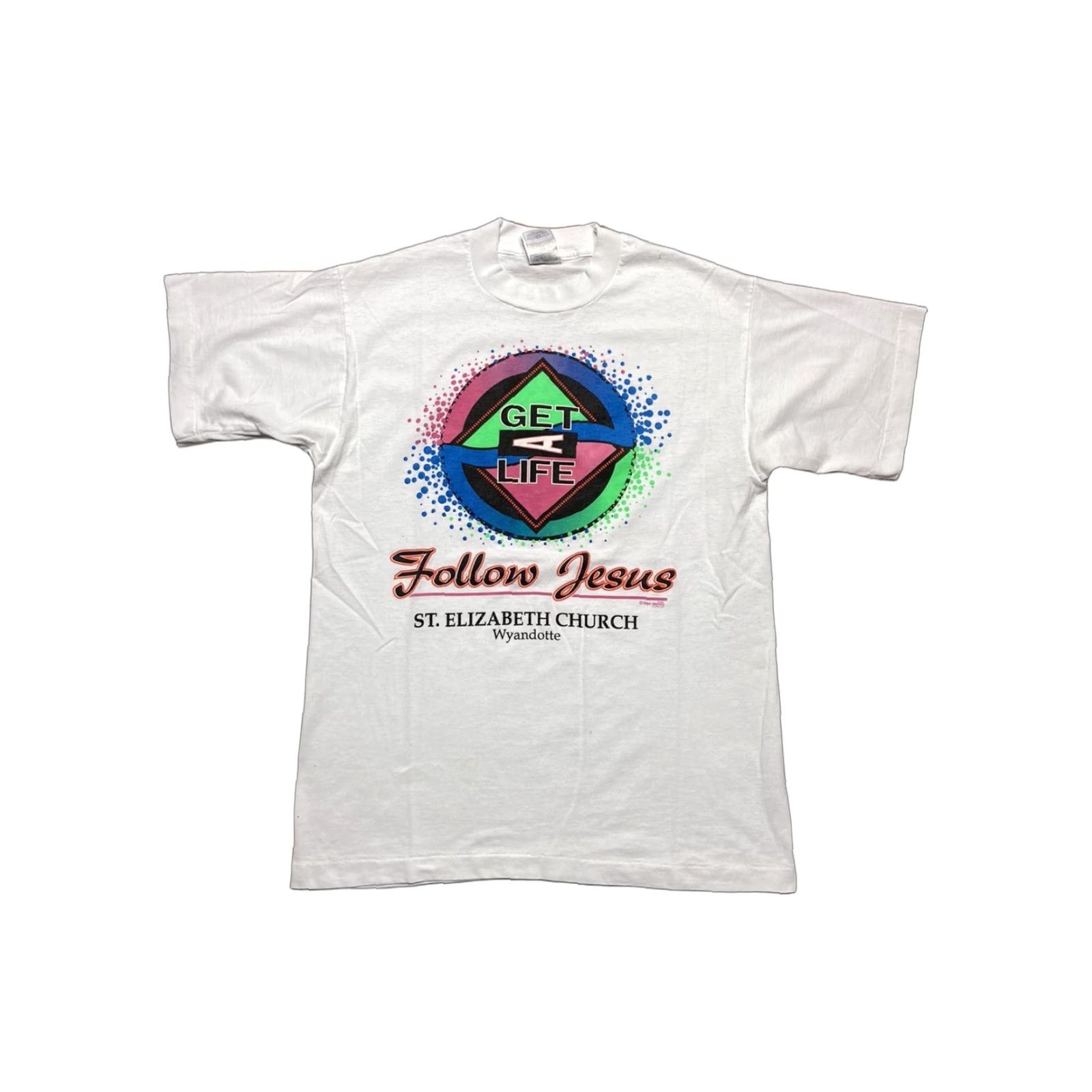 Fruit Of The Loom VINTAGE 90s graphic t shirt get a life follow Jesus tee church Christian M White Mens Shirt Size US M / EU 48-50 / 2 - 1 Thumbnail