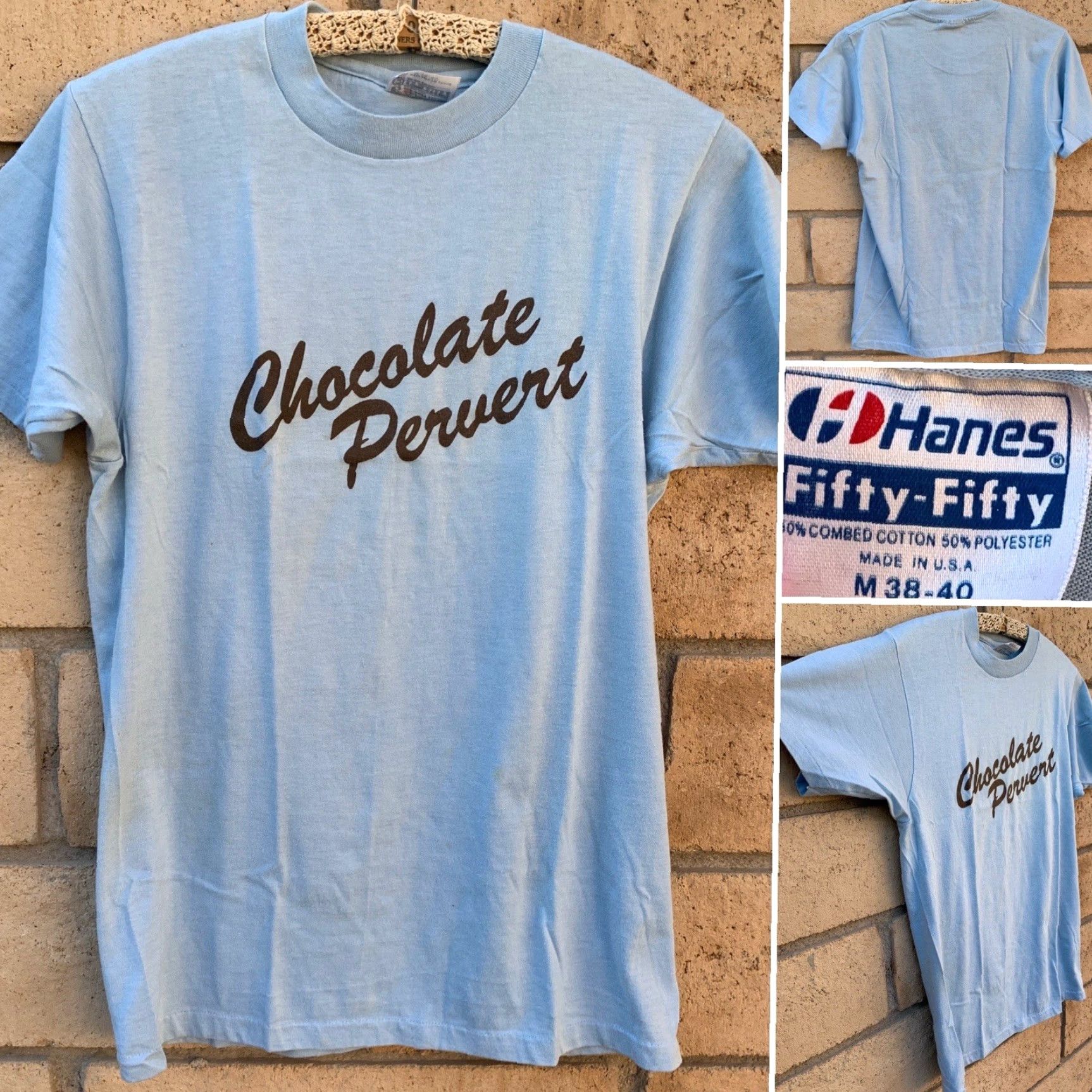 Hanes VINTAGE Hanes T-Shirt Graphic Print Blue 38-40 Men Single Stitch Short Sleeve M 1980s Chocolate Pervert Hanes Fifty Fifty Size US M / EU 48-50 / 2 - 2 Thumbnail
